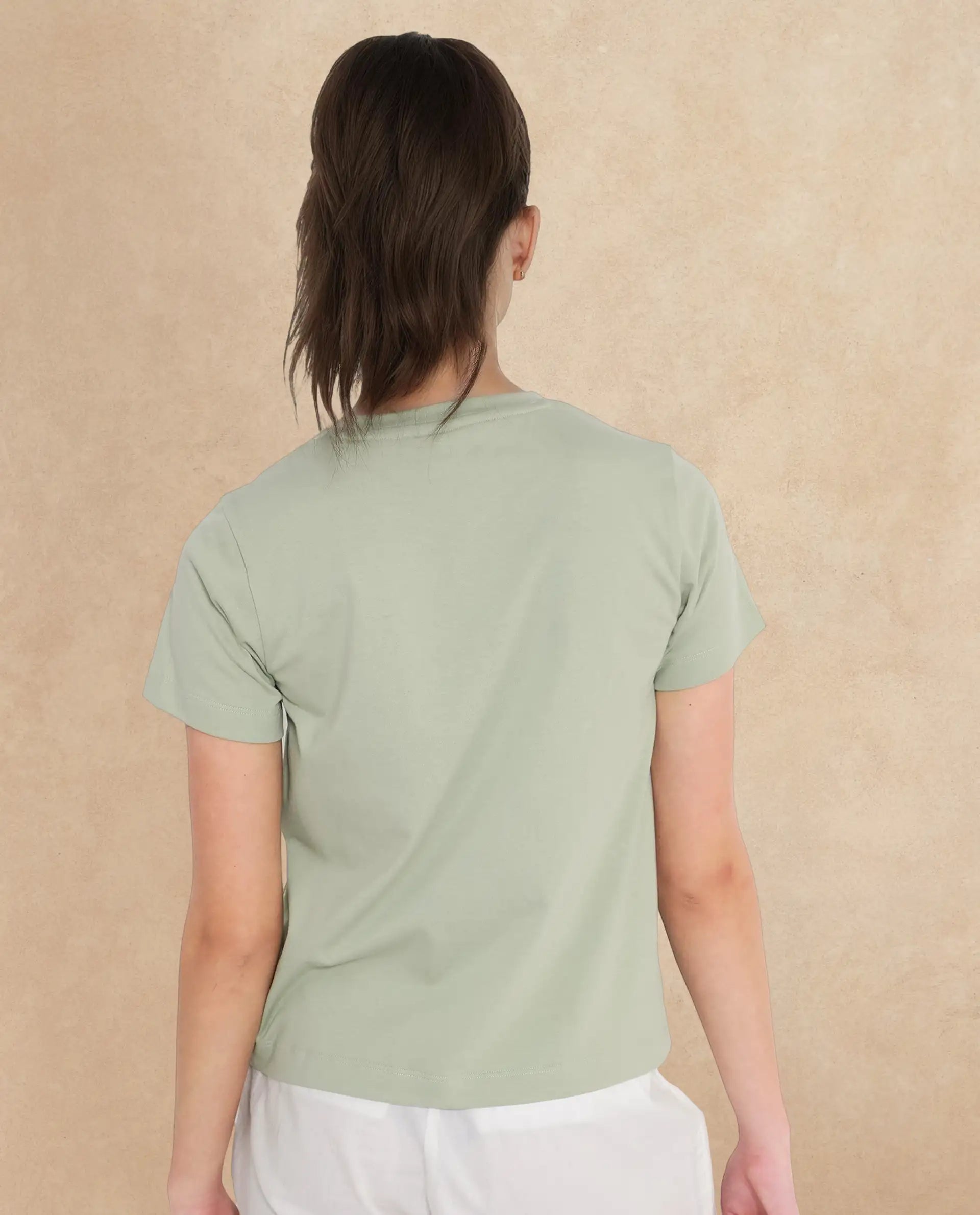 Rareism Women's Hanna Pastel Green Cotton Blend Crew Neck Graphic Print Regular Fit T-Shirt