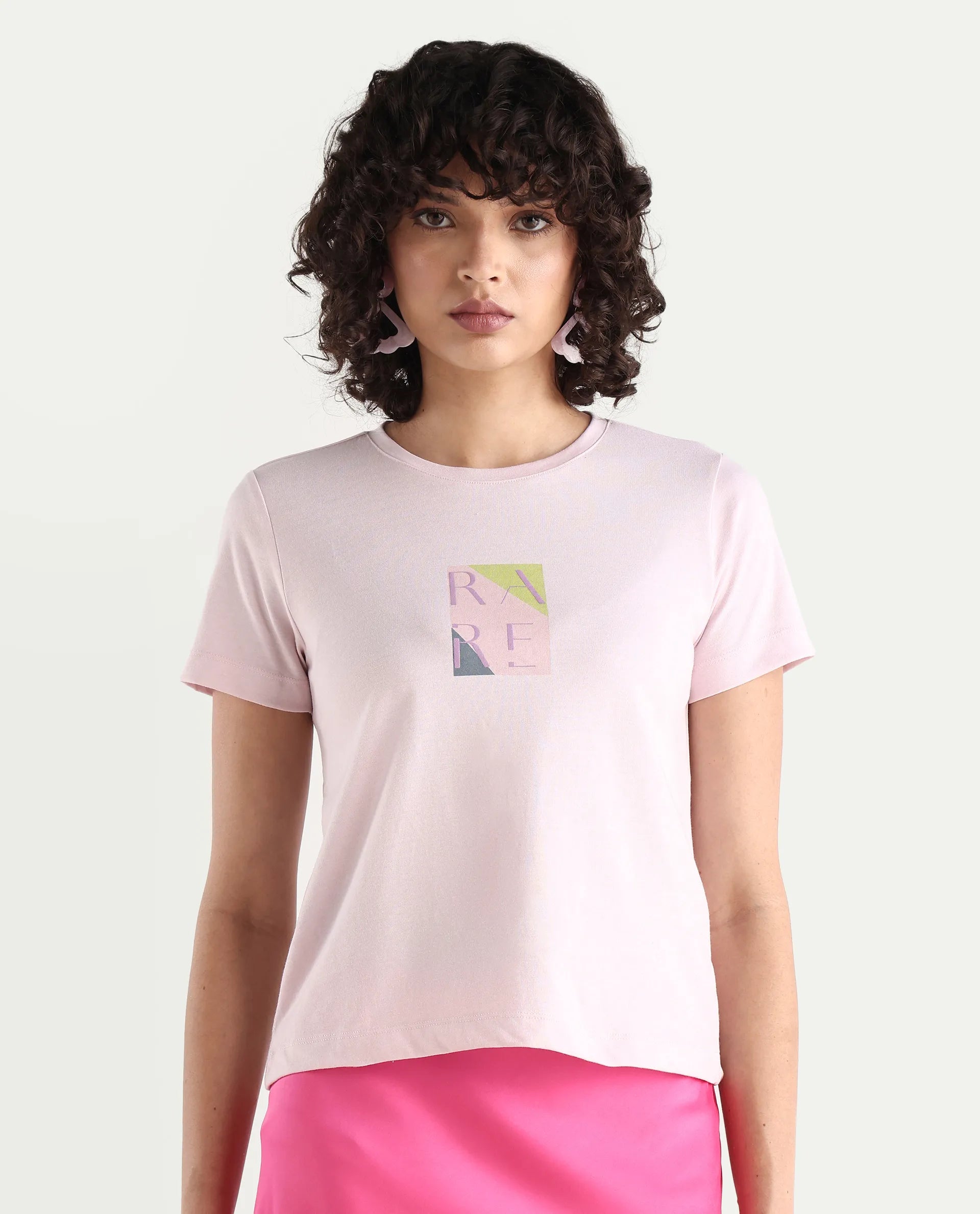 Rareism Women's Hanna Pastel Pink Cotton Blend Crew Neck Graphic Print Regular Fit T-Shirt