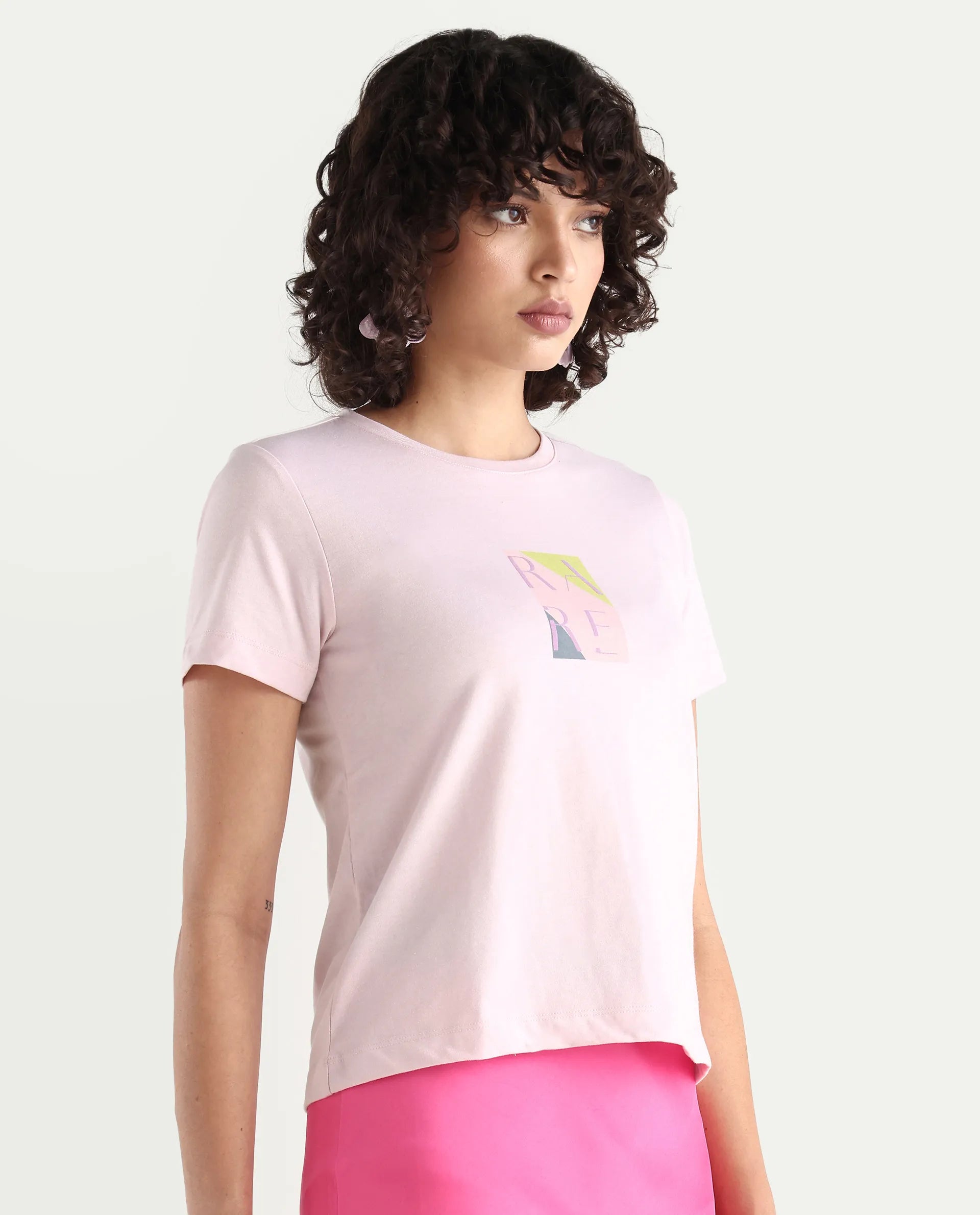 Rareism Women's Hanna Pastel Pink Cotton Blend Crew Neck Graphic Print Regular Fit T-Shirt