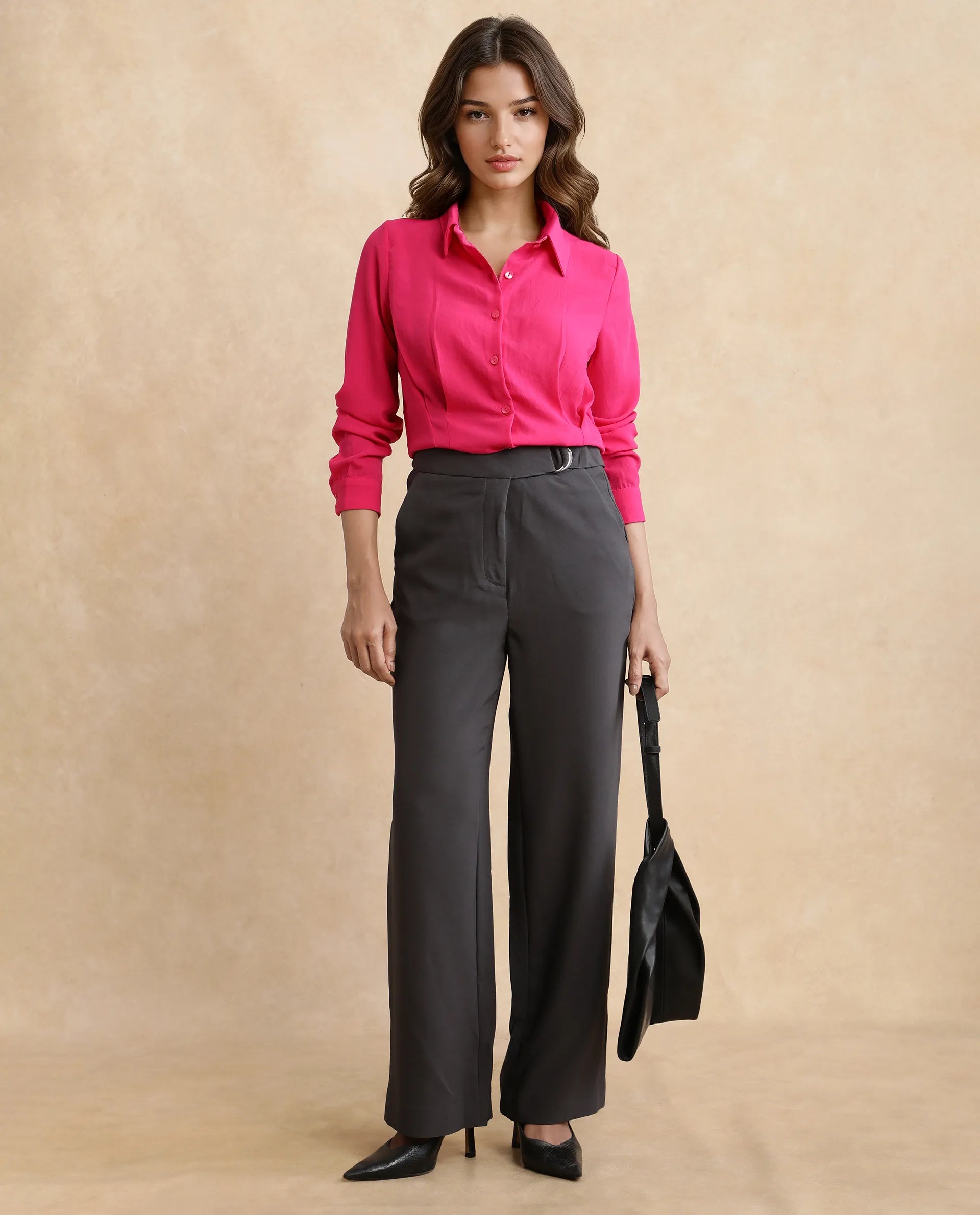 Rareism Women's Hanne Grey Cotton Blend Plain Ankle Length Straight Fit Trouser