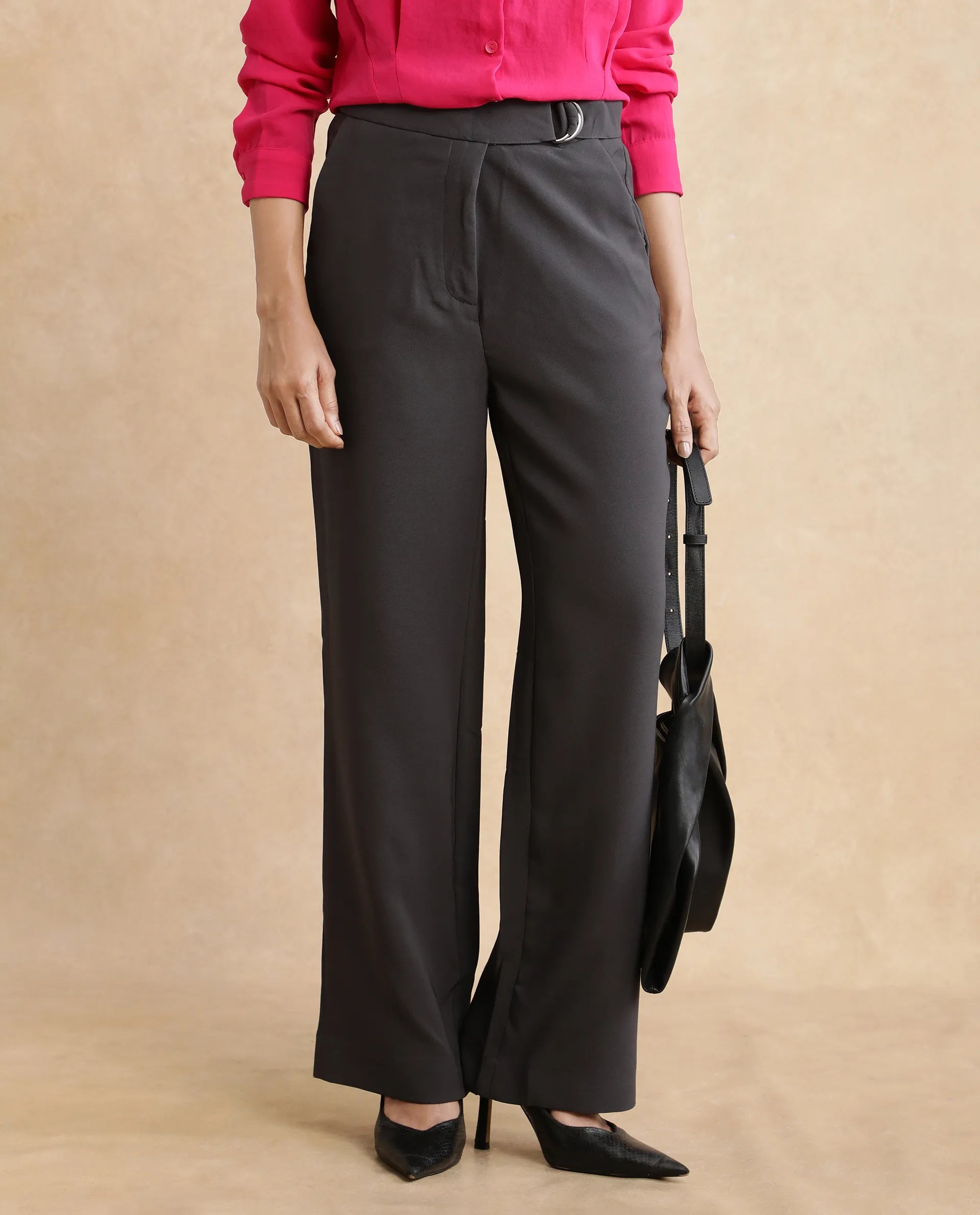 Rareism Women's Hanne Grey Cotton Blend Plain Ankle Length Straight Fit Trouser