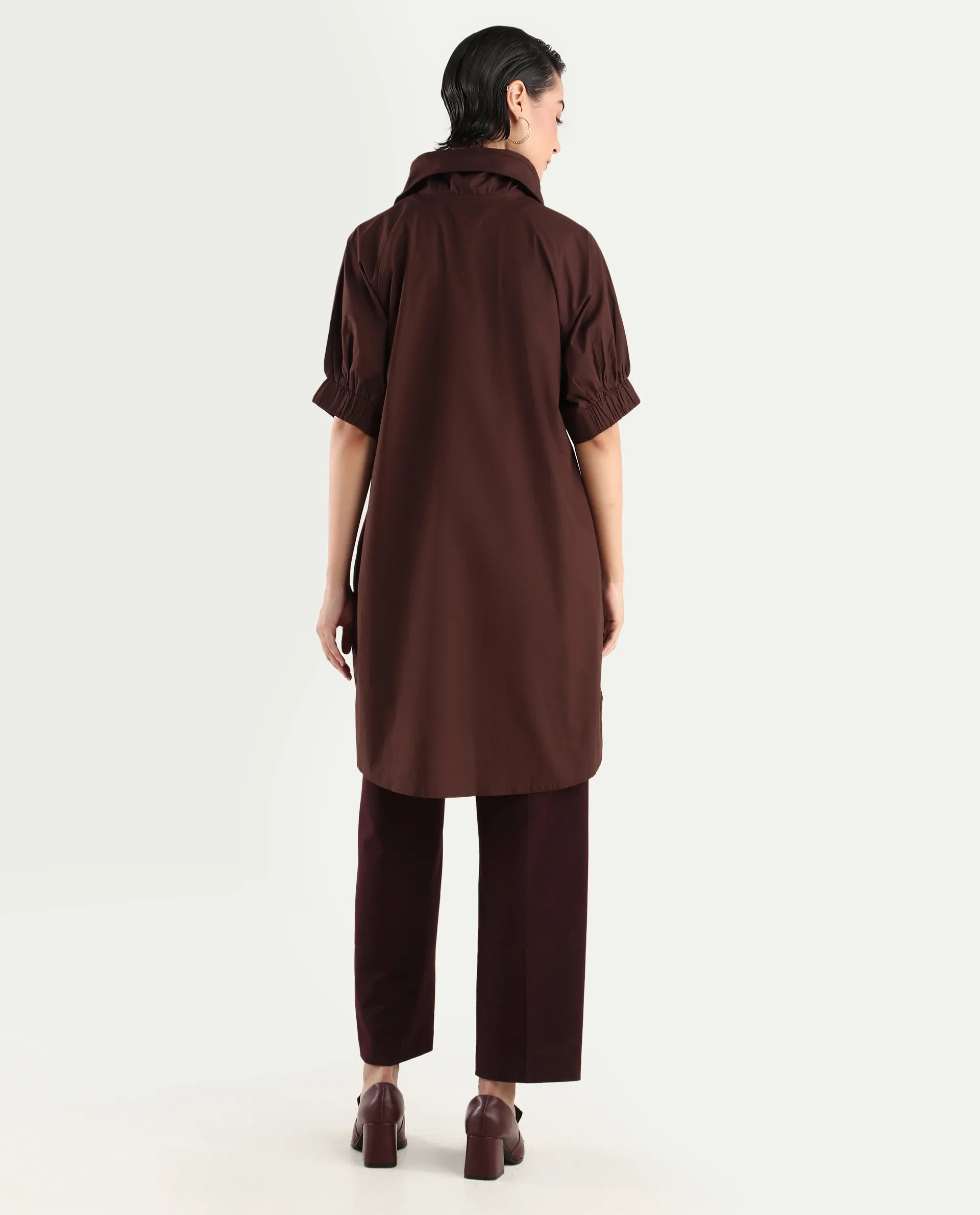 Rareism Women's Hanoi Dark Brown Cotton Hooded Plain Raglan Sleeve Knee Length Boxy Fit Jacket