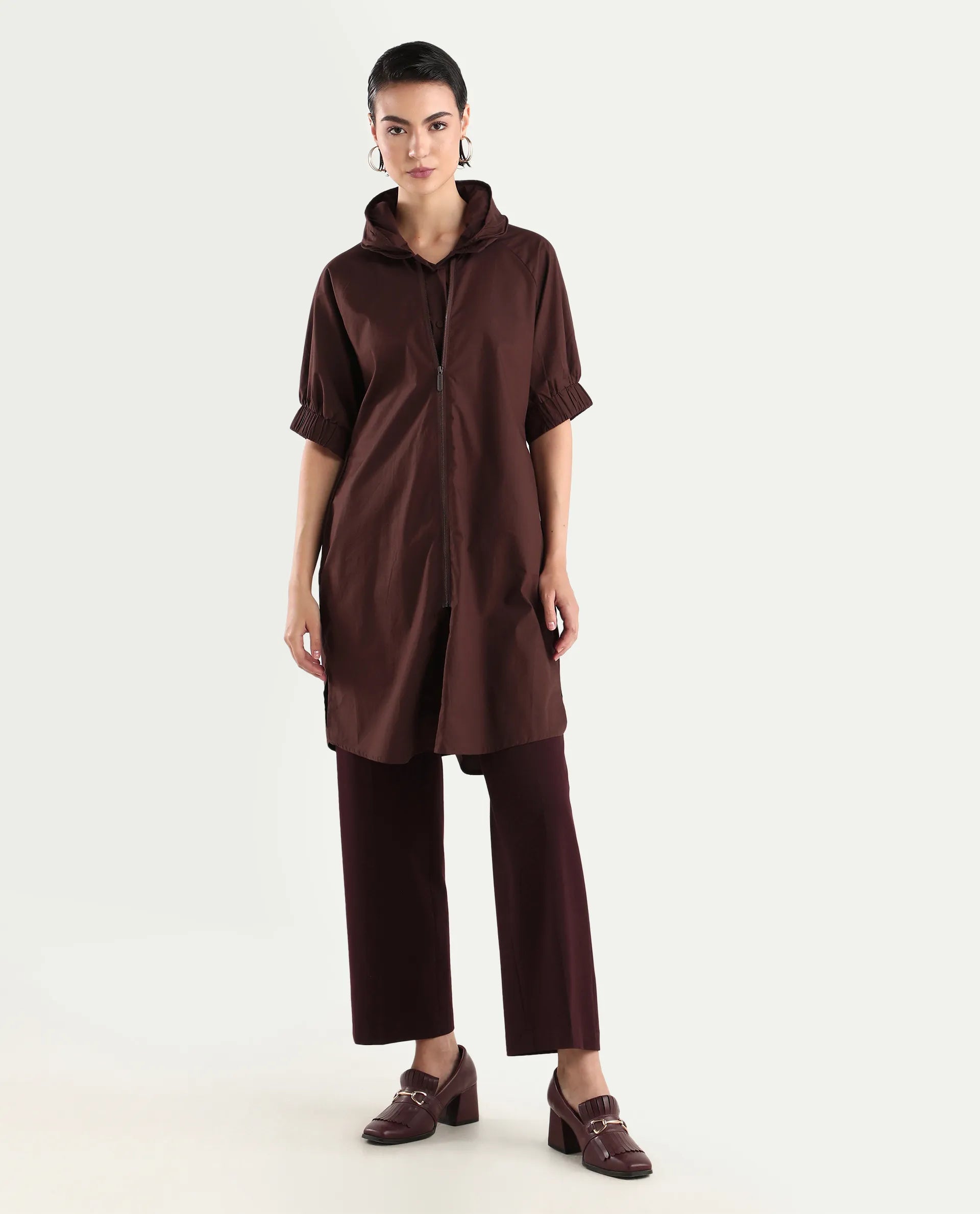 Rareism Women's Hanoi Dark Brown Cotton Hooded Plain Raglan Sleeve Knee Length Boxy Fit Jacket