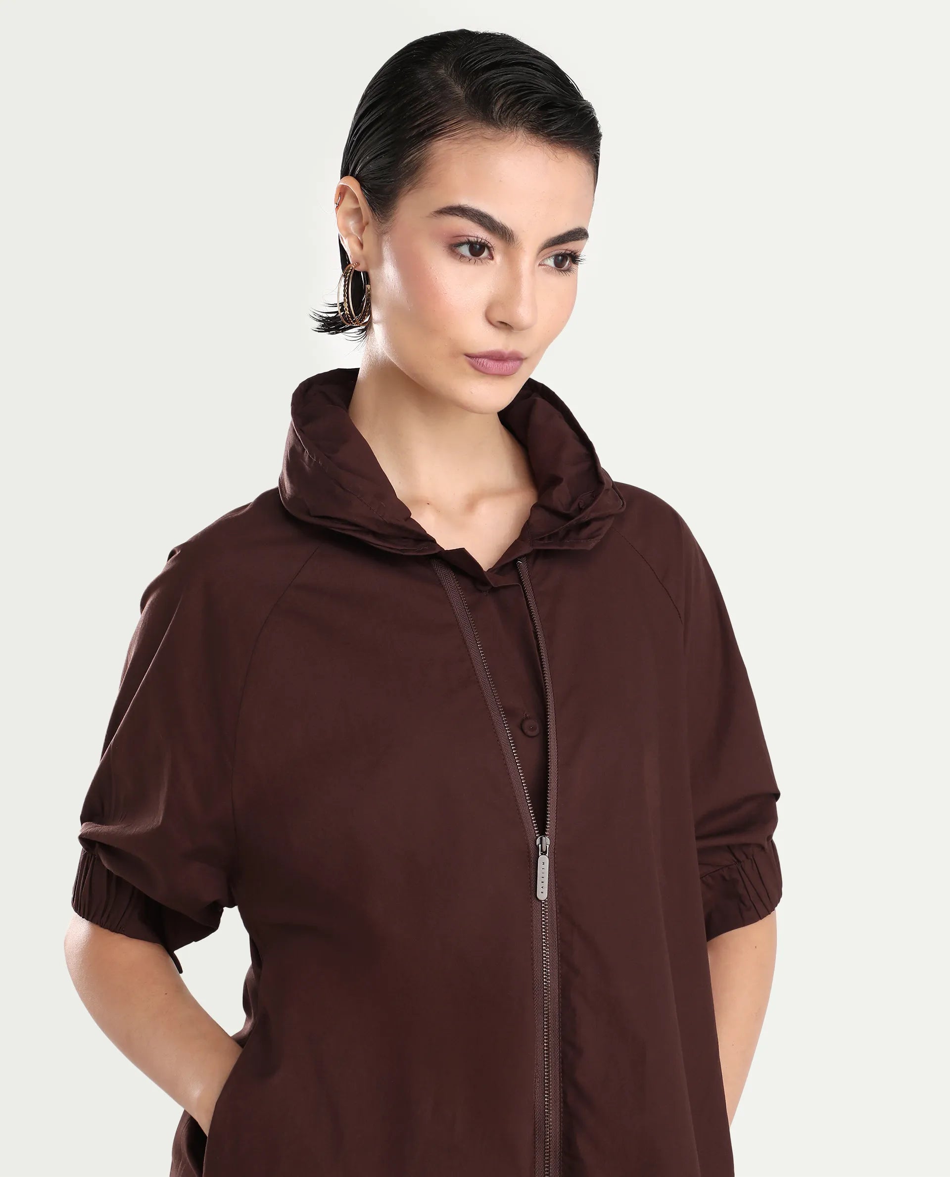 Rareism Women's Hanoi Dark Brown Cotton Hooded Plain Raglan Sleeve Knee Length Boxy Fit Jacket