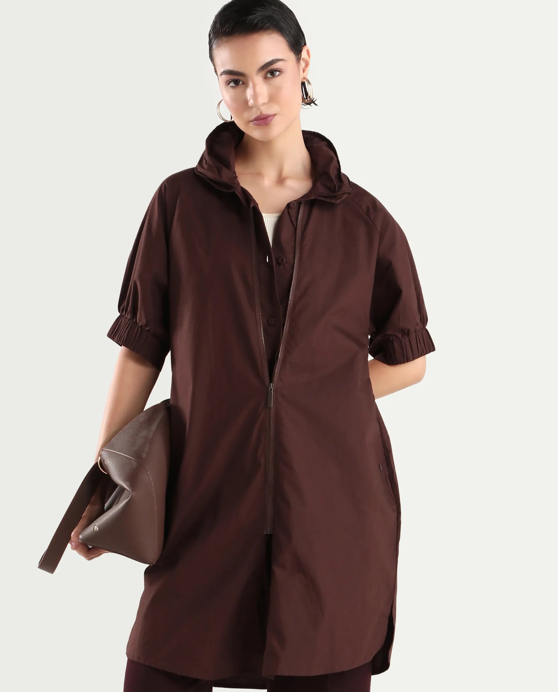 Rareism Women's Hanoi Dark Brown Cotton Hooded Plain Raglan Sleeve Knee Length Boxy Fit Jacket