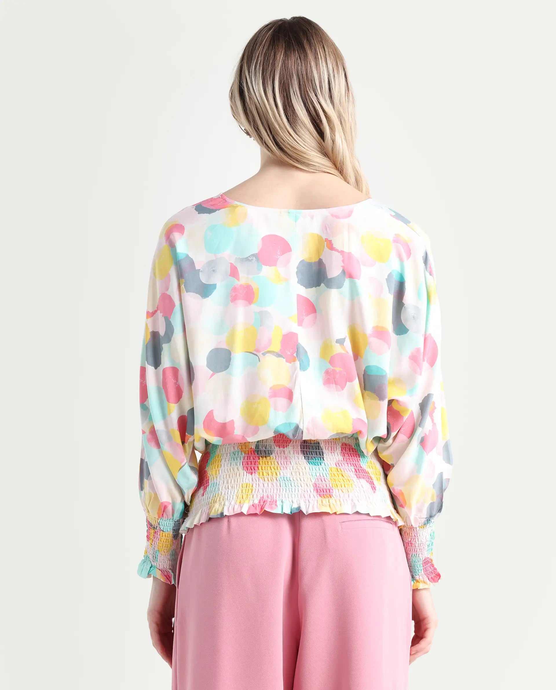 Rareism Women's Hanson Pink V-Neck Printed Knee Length Tailored Top