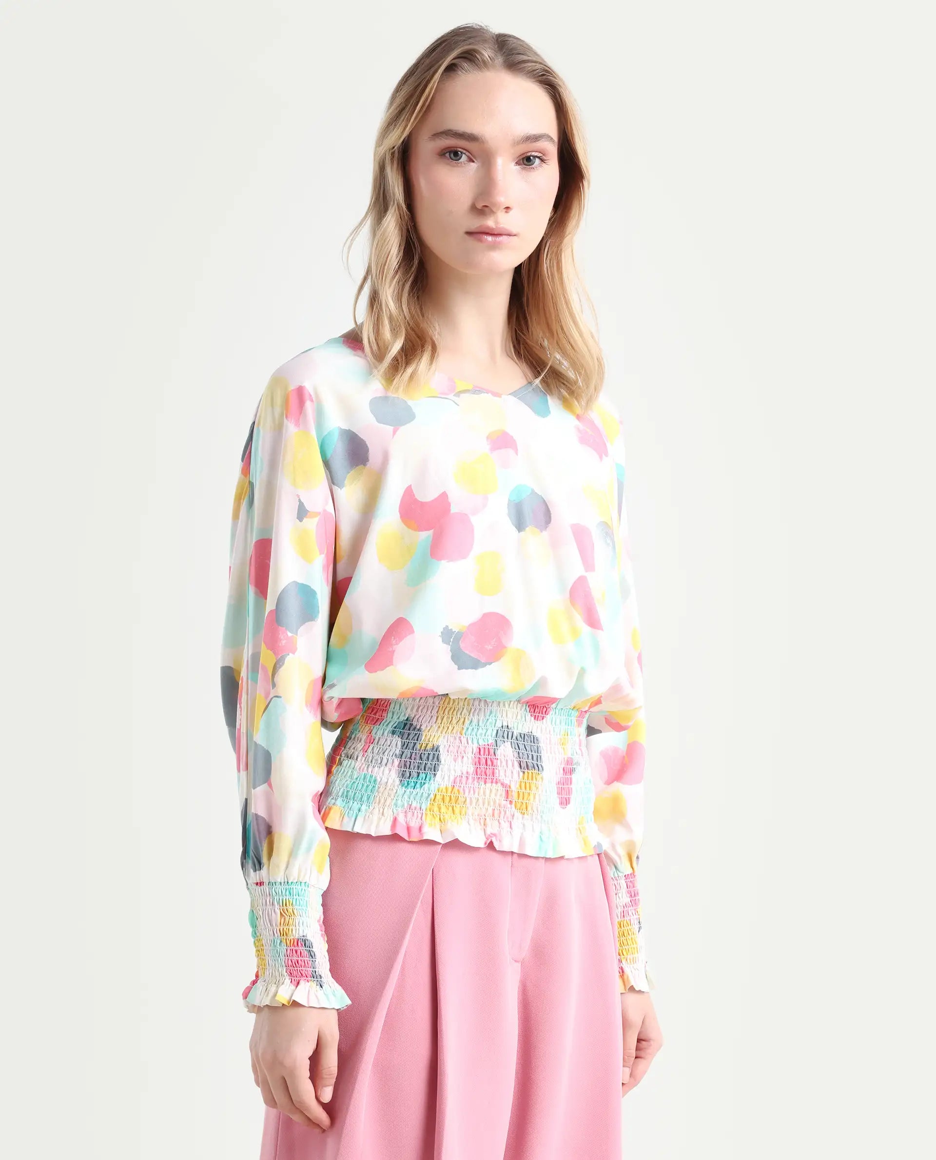 Rareism Women's Hanson Pink V-Neck Printed Knee Length Tailored Top