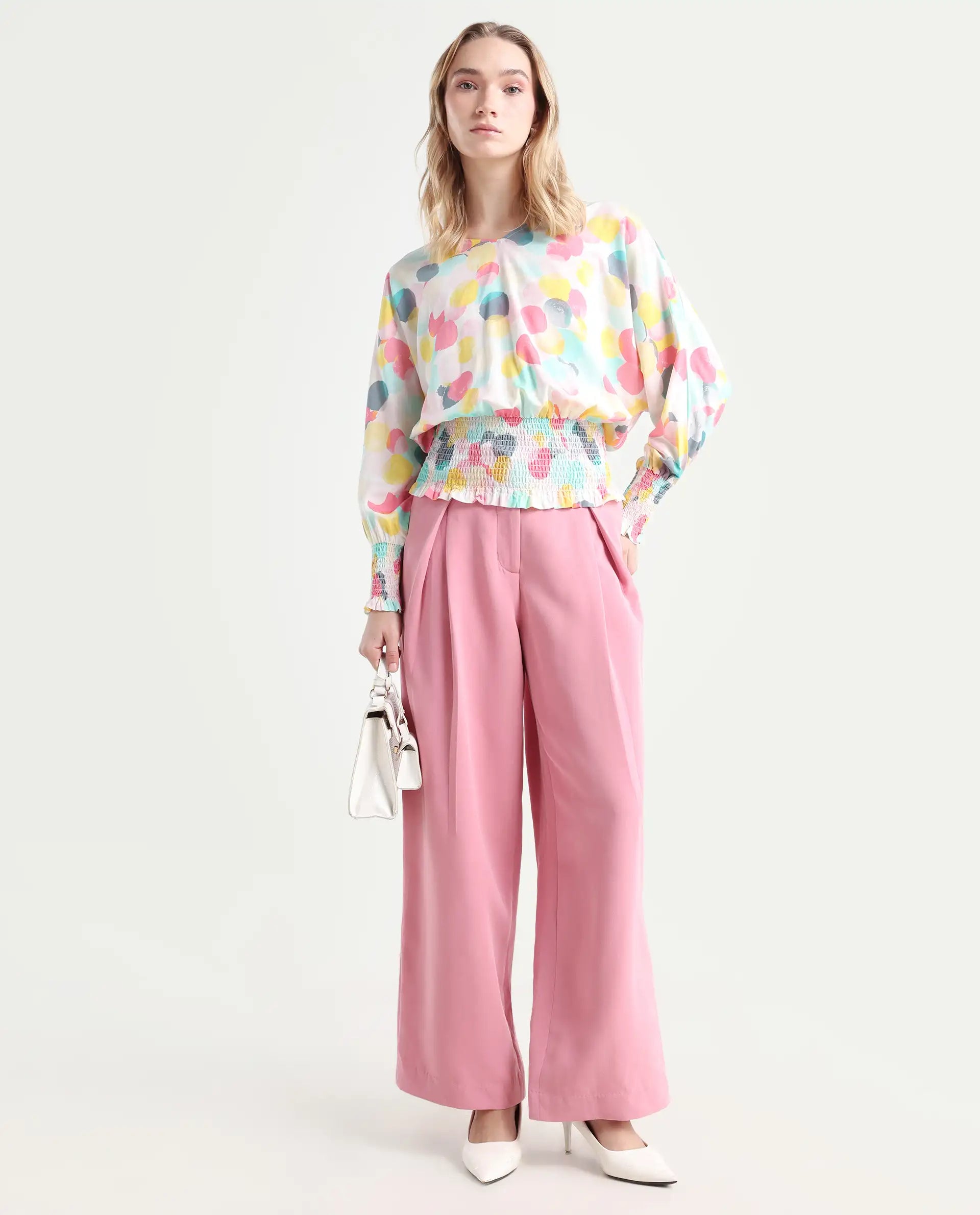 Rareism Women's Hanson Pink V-Neck Printed Knee Length Tailored Top