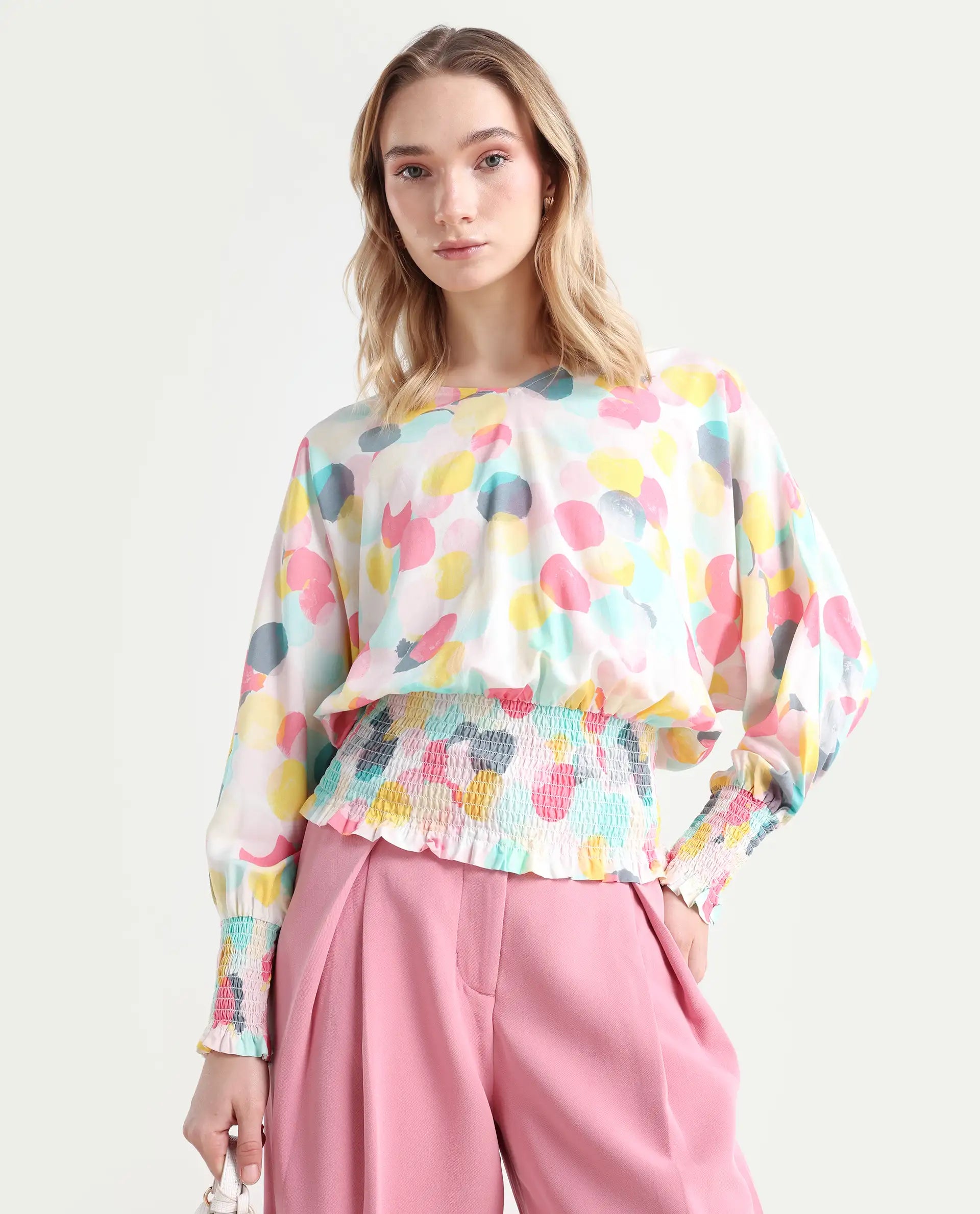 Rareism Women's Hanson Pink V-Neck Printed Knee Length Tailored Top