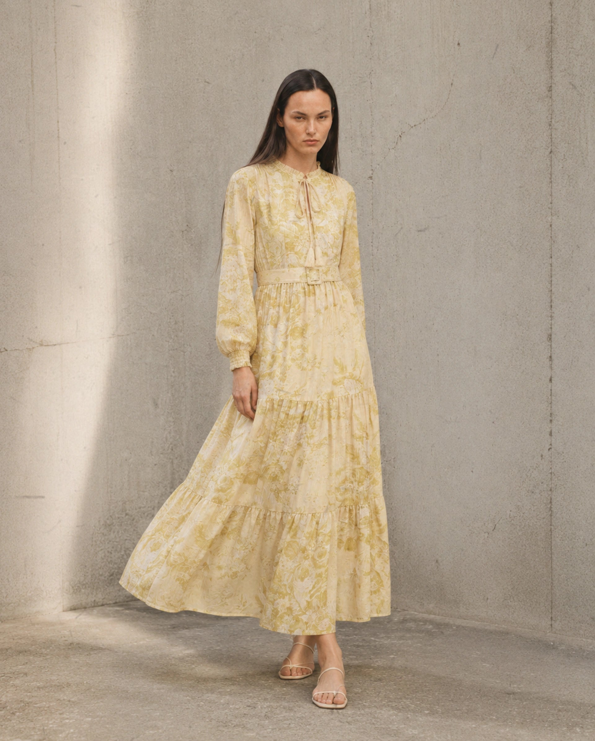 Rareism Women's Hany Mustard Polyester Ruffled Neck Fit And Flare Printed Dress