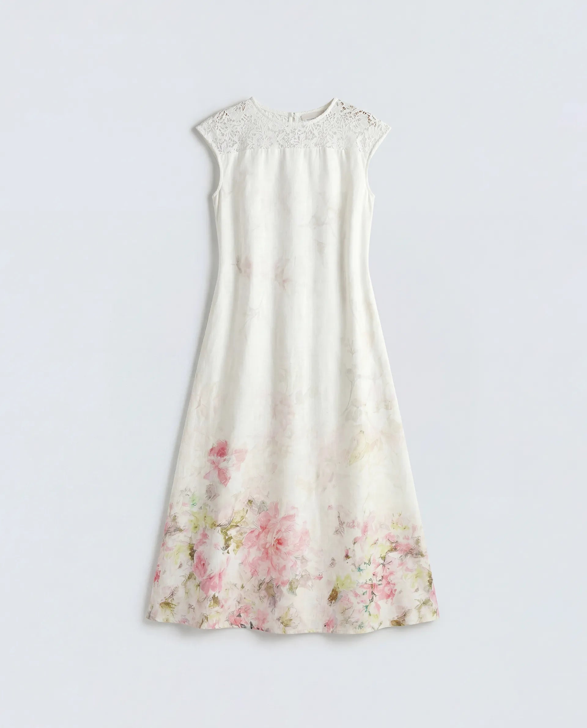 Rareism Women's Hego Off White Viscose Blend Fabric Crew Neck A-Line Floral Print Dress