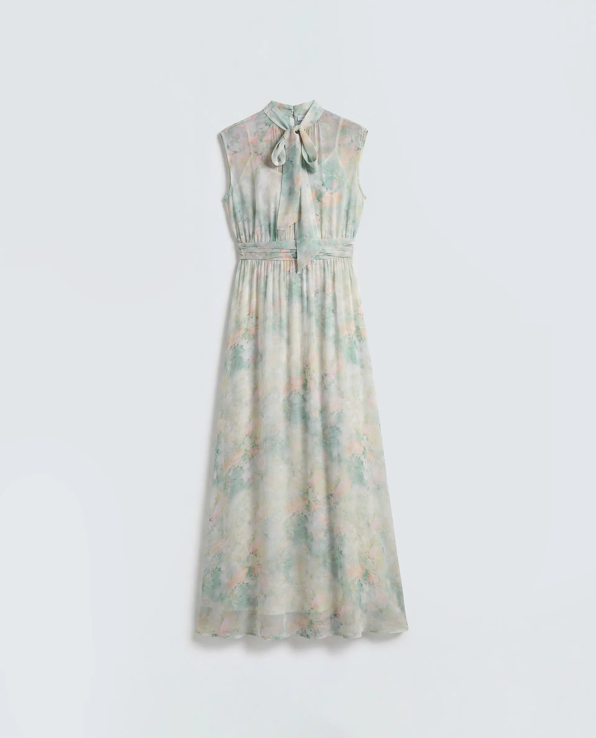 Rareism Women's Hian Light Green Viscose Blend High Neck Fit And Flare All Over Print Dress