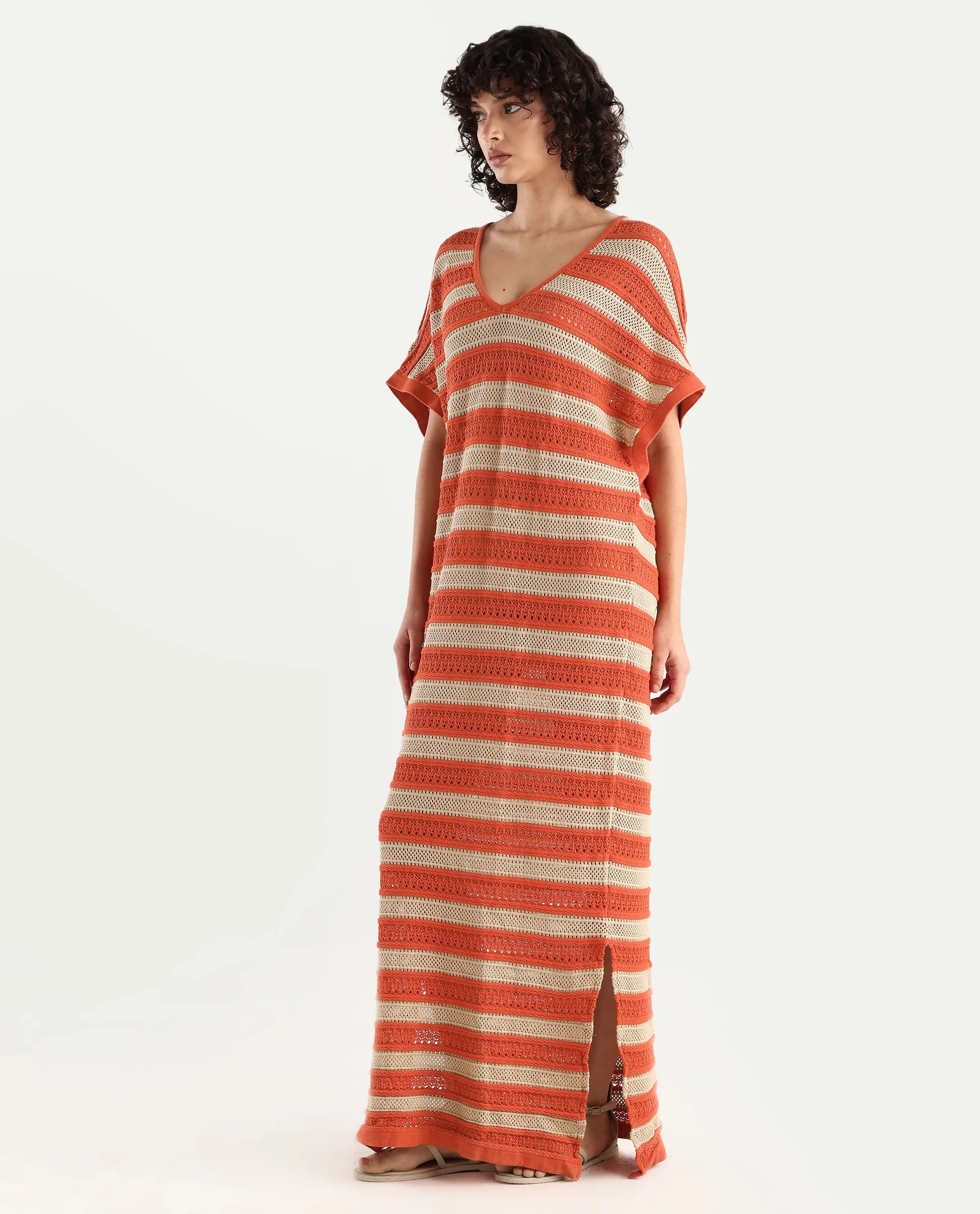 Rareism Women's Haraya Orange Cotton V-Neck Striped Extended Sleeves Maxi Relaxed Fit Dress
