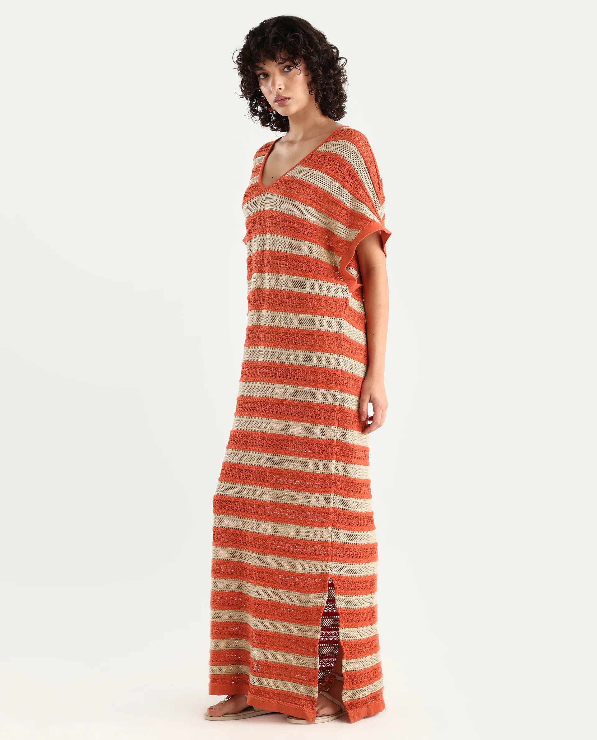 Rareism Women's Haraya Orange Cotton V-Neck Striped Extended Sleeves Maxi Relaxed Fit Dress