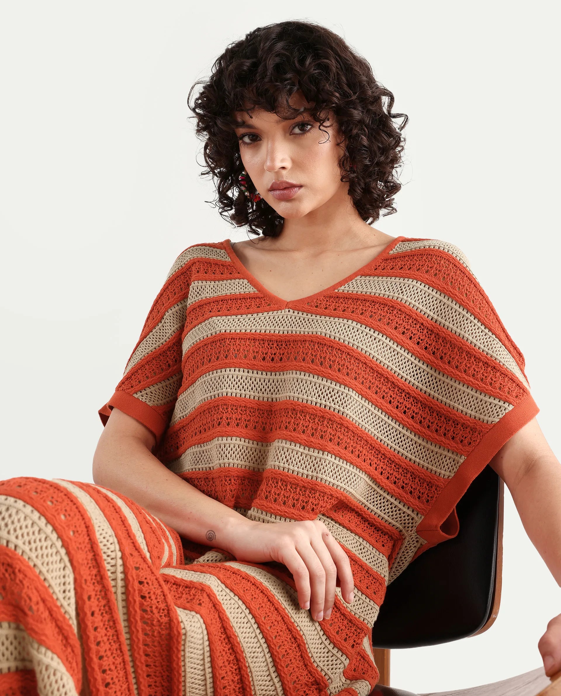 Rareism Women's Haraya Orange Cotton V-Neck Striped Extended Sleeves Maxi Relaxed Fit Dress