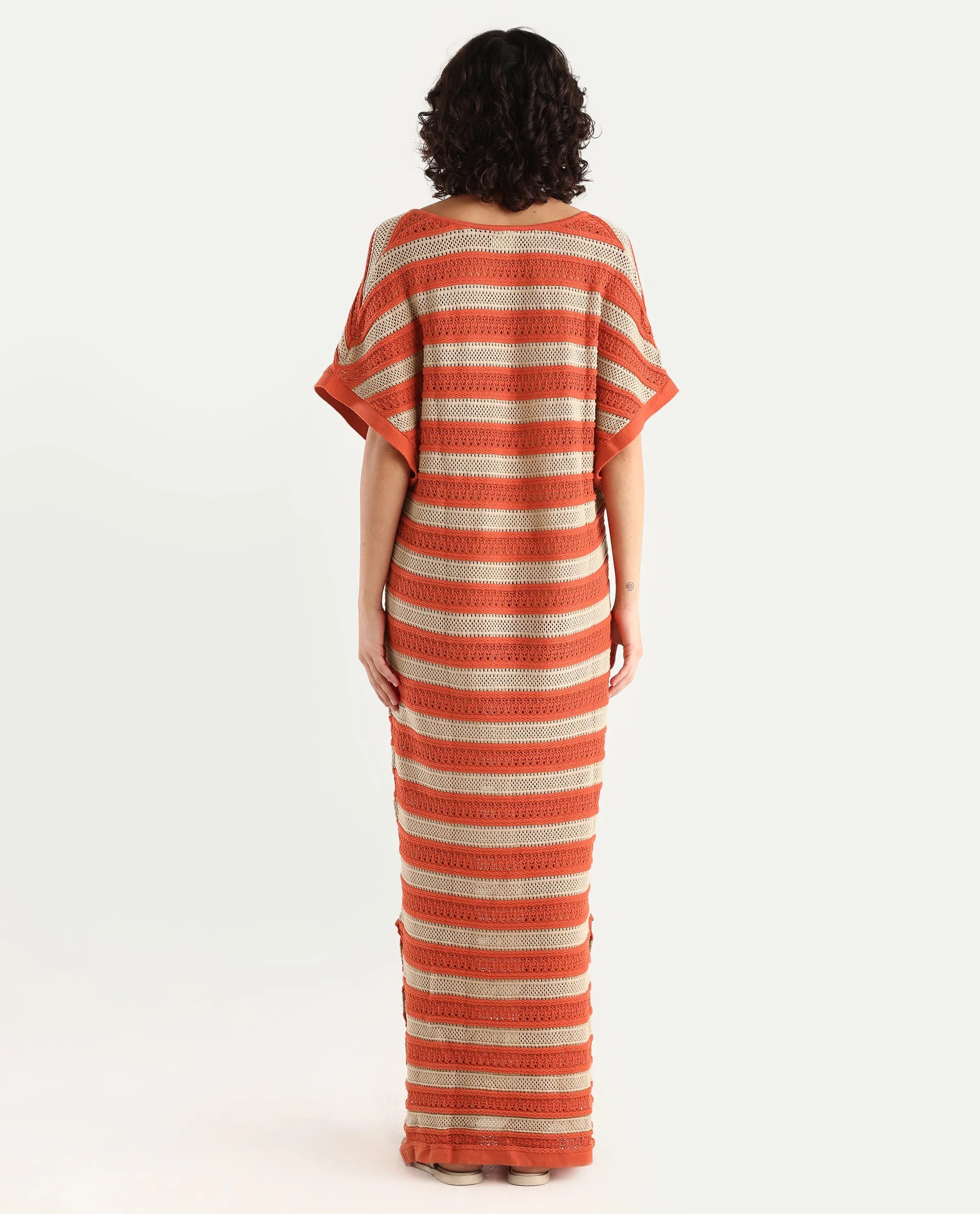 Rareism Women's Haraya Orange Cotton V-Neck Striped Extended Sleeves Maxi Relaxed Fit Dress