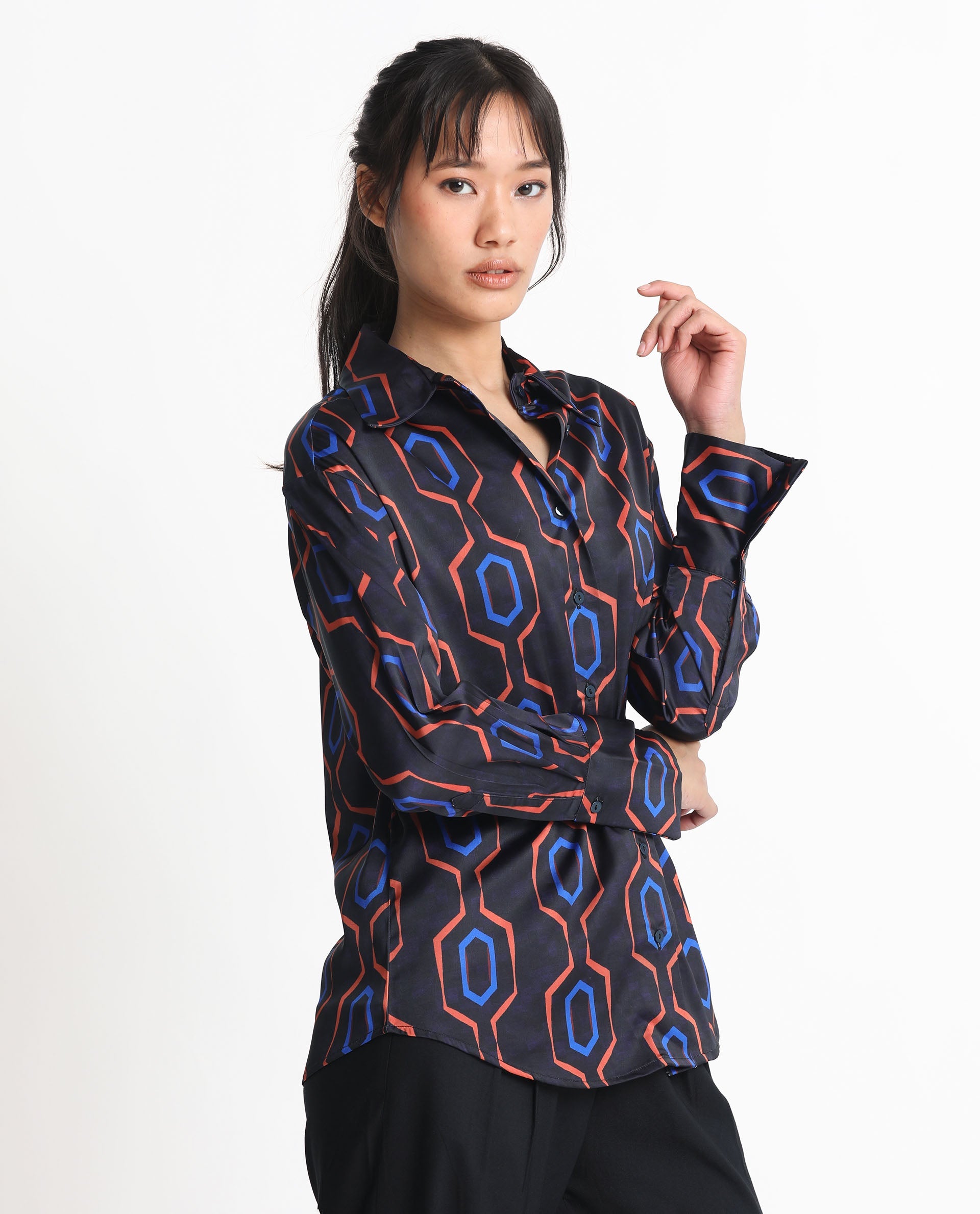 Rareism Women Harbe Black Polyester Fabric Full Sleeves Button Closure Shirt Collar Regular Fit Geometric Print Shirt