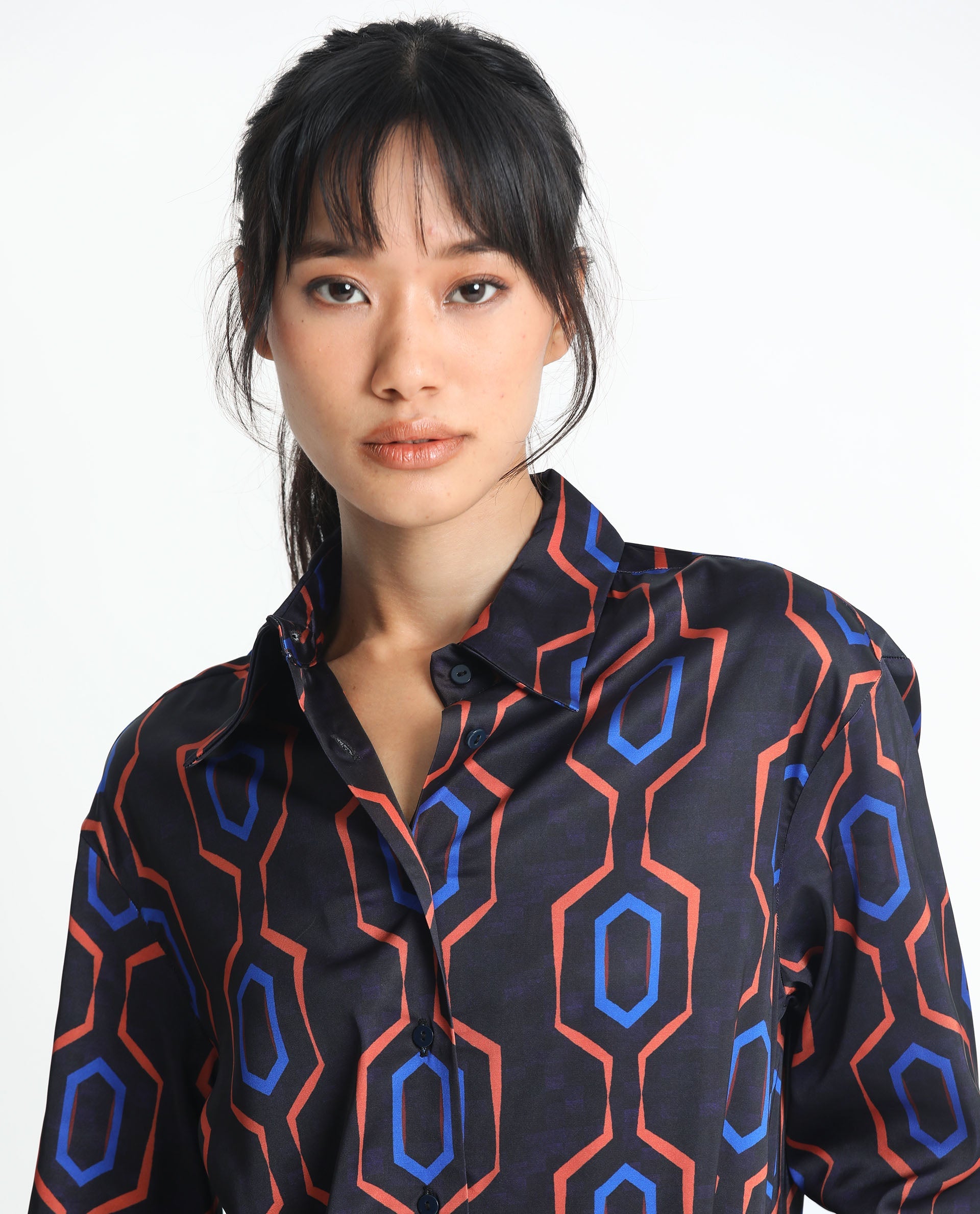 Rareism Women Harbe Black Polyester Fabric Full Sleeves Button Closure Shirt Collar Regular Fit Geometric Print Shirt