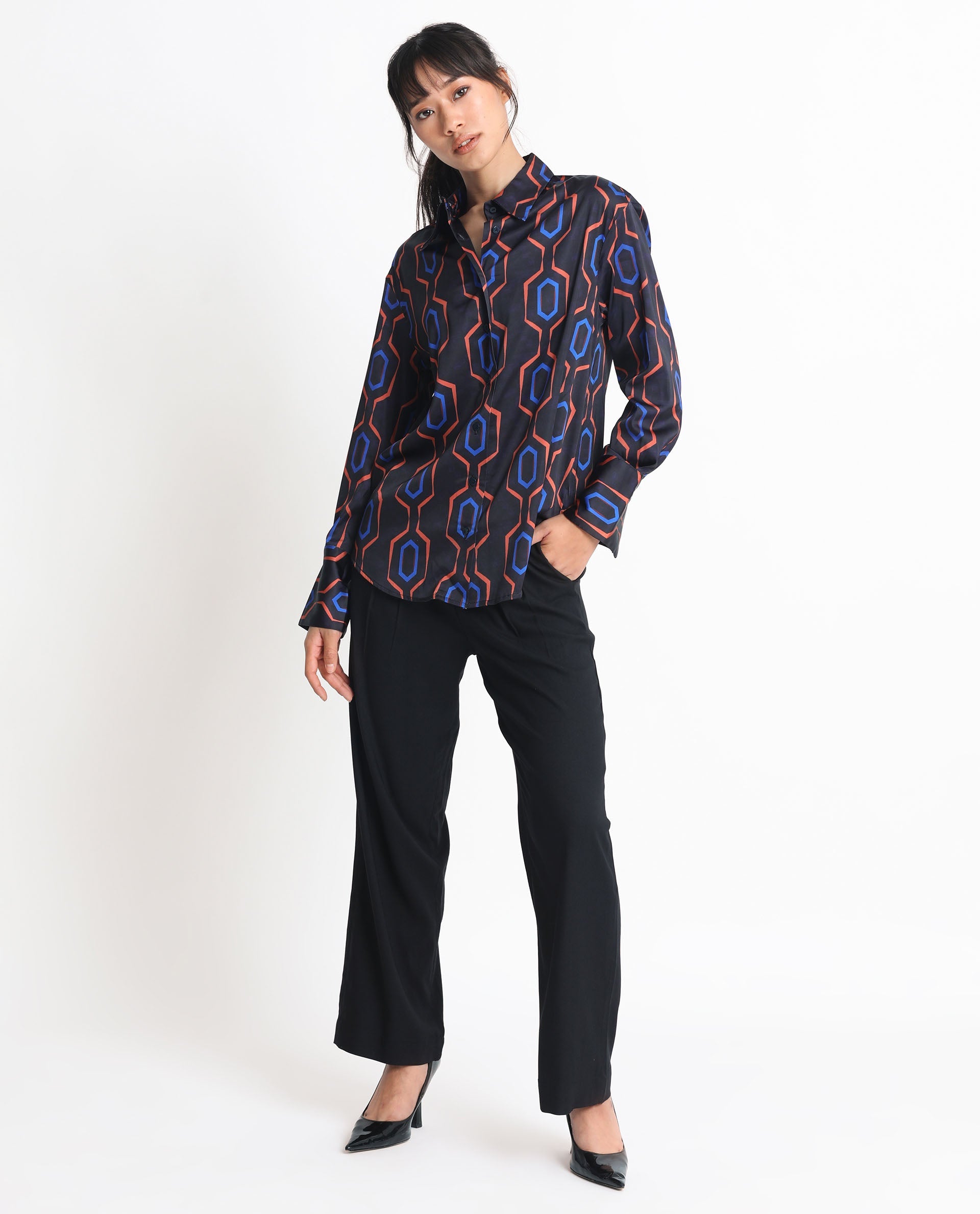 Rareism Women Harbe Black Polyester Fabric Full Sleeves Button Closure Shirt Collar Regular Fit Geometric Print Shirt
