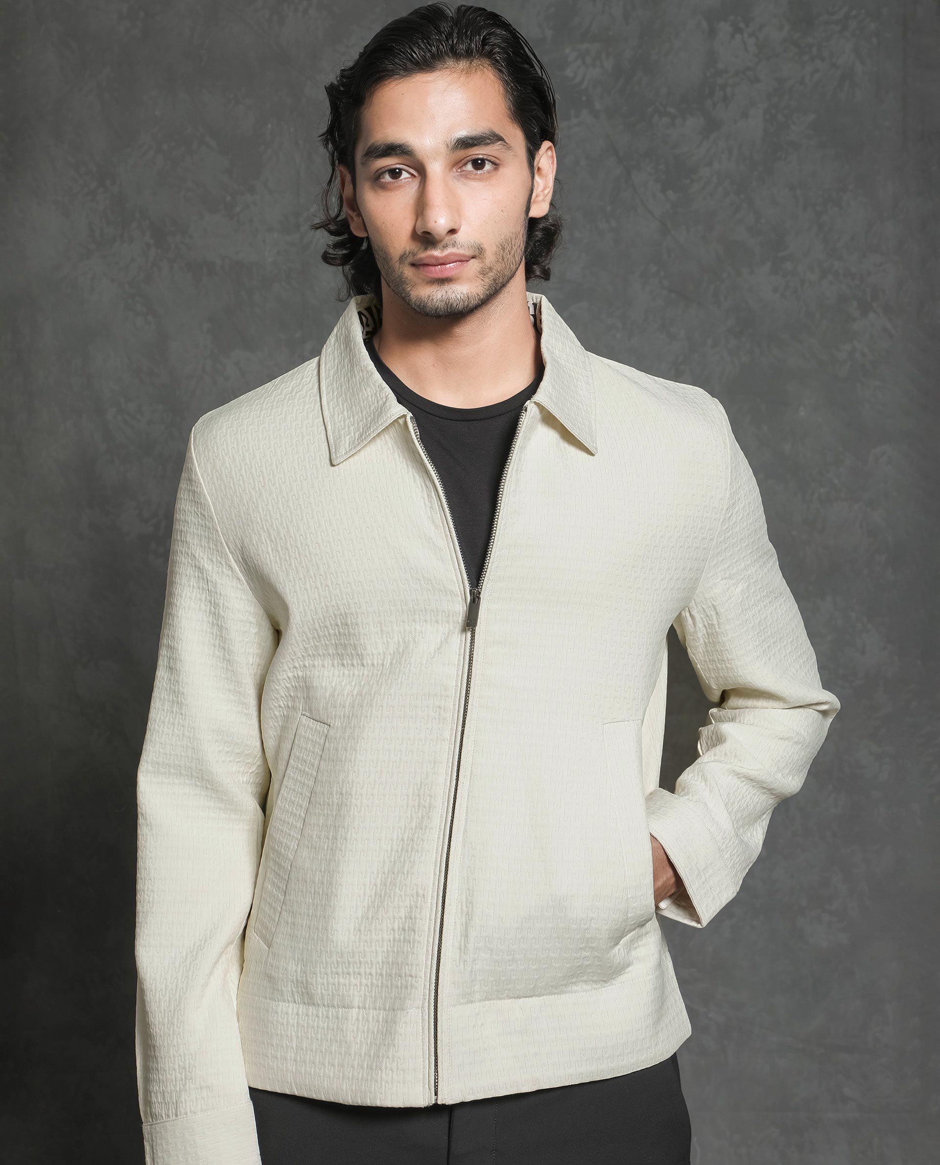 Rare Rabbit Men's Harbin Off White Polyester Jacquard Regular Fit Full Sleeve Spread Collar Jacket