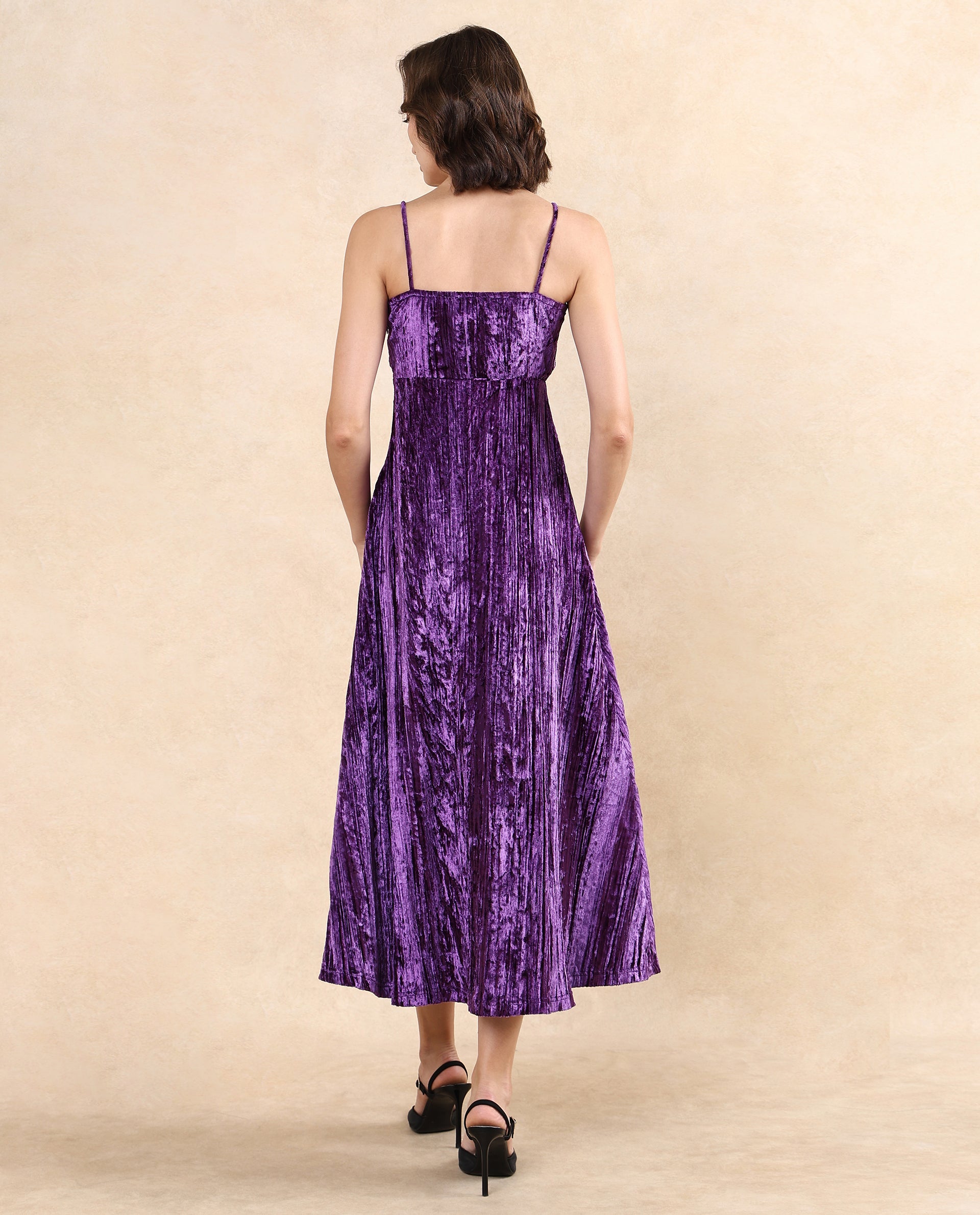 Rareism Women Harbo Purple Velvet Sleeveless Shoulder Straps Zipper Closure Fit And Flare Maxi Plain Dress