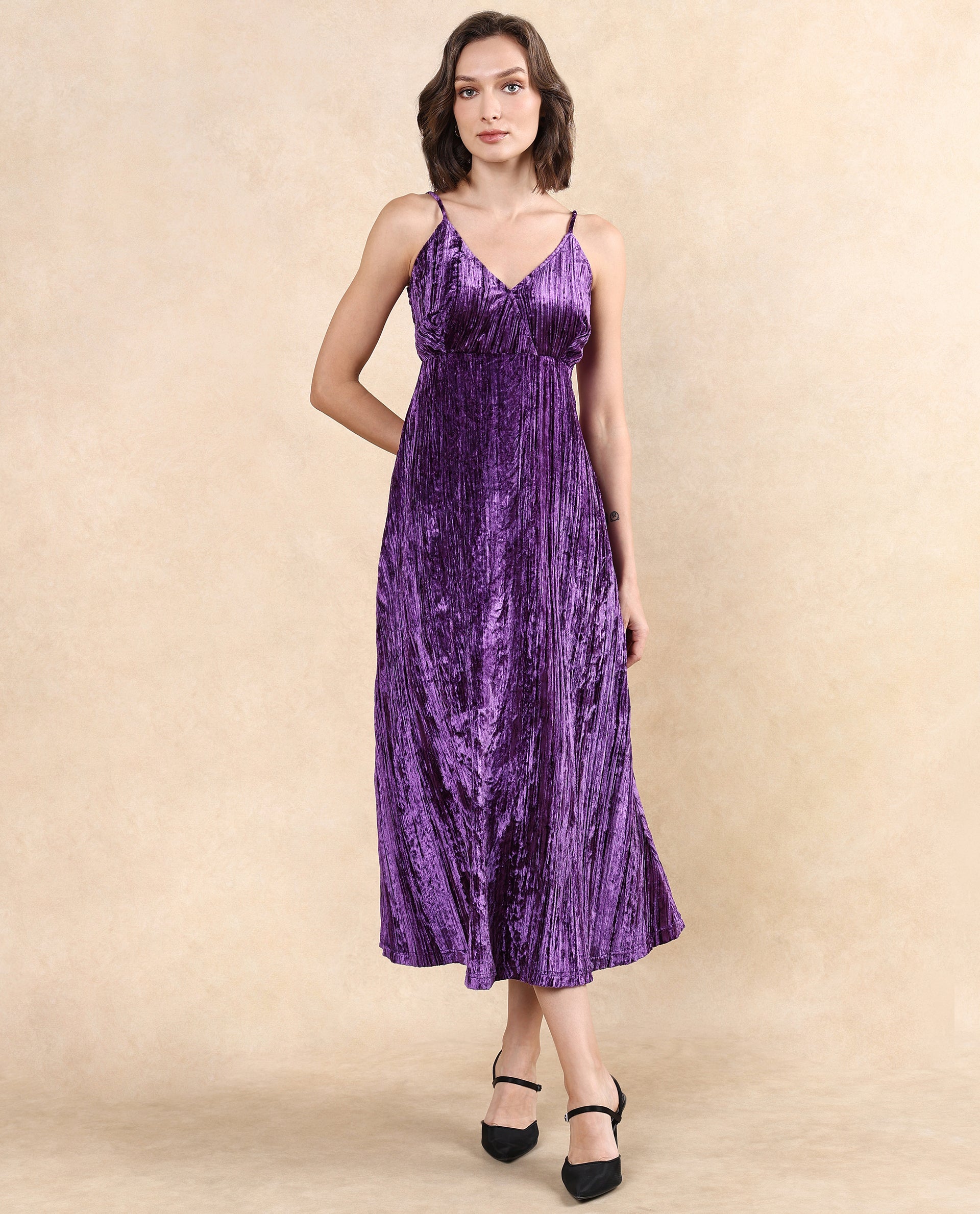 Rareism Women Harbo Purple Velvet Sleeveless Shoulder Straps Zipper Closure Fit And Flare Maxi Plain Dress