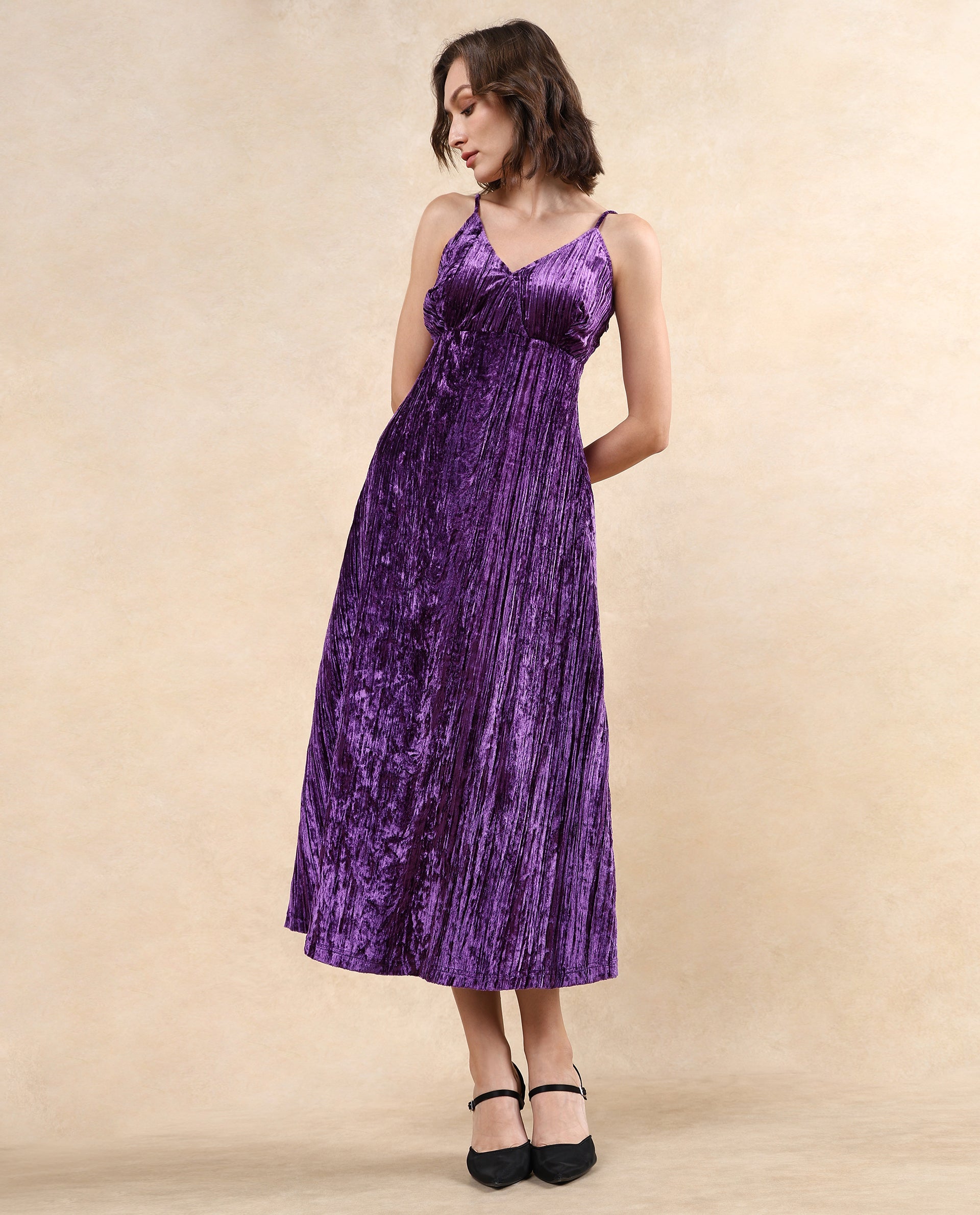 Rareism Women Harbo Purple Velvet Sleeveless Shoulder Straps Zipper Closure Fit And Flare Maxi Plain Dress