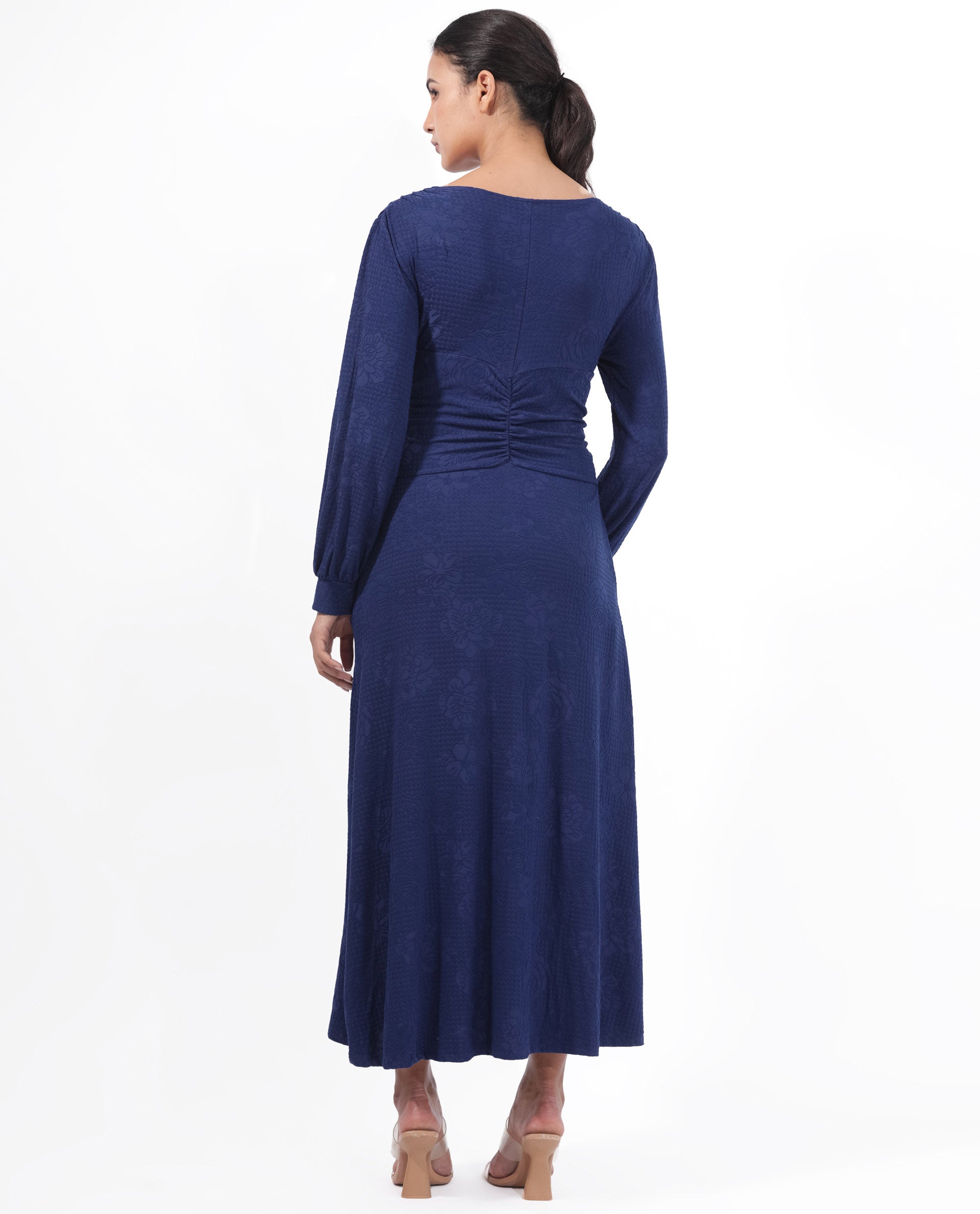 Rareism Women's Harpa Navy Polyester Fabric V-Neck Tie-Up Closure Bishop Sleeve Plain  Maxi Dress