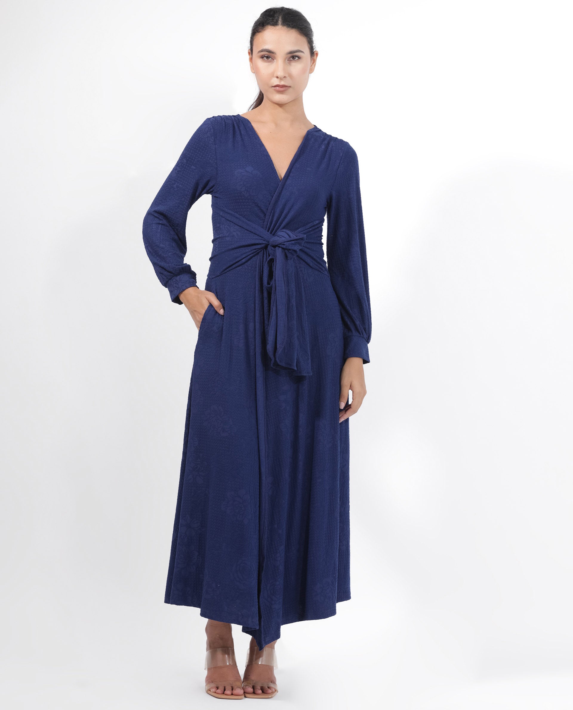 Rareism Women's Harpa Navy Polyester Fabric V-Neck Tie-Up Closure Bishop Sleeve Plain  Maxi Dress