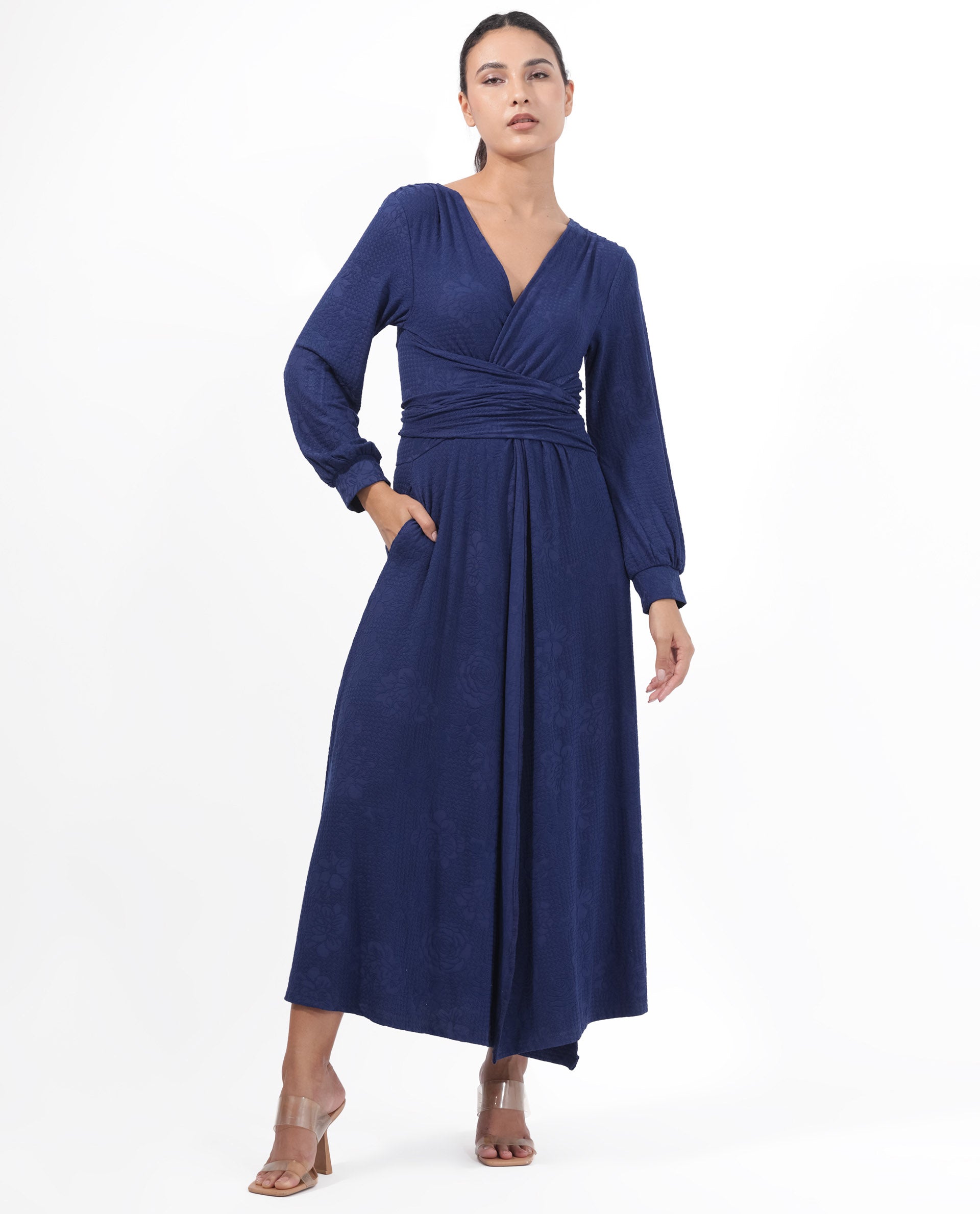 Rareism Women's Harpa Navy Polyester Fabric V-Neck Tie-Up Closure Bishop Sleeve Plain  Maxi Dress