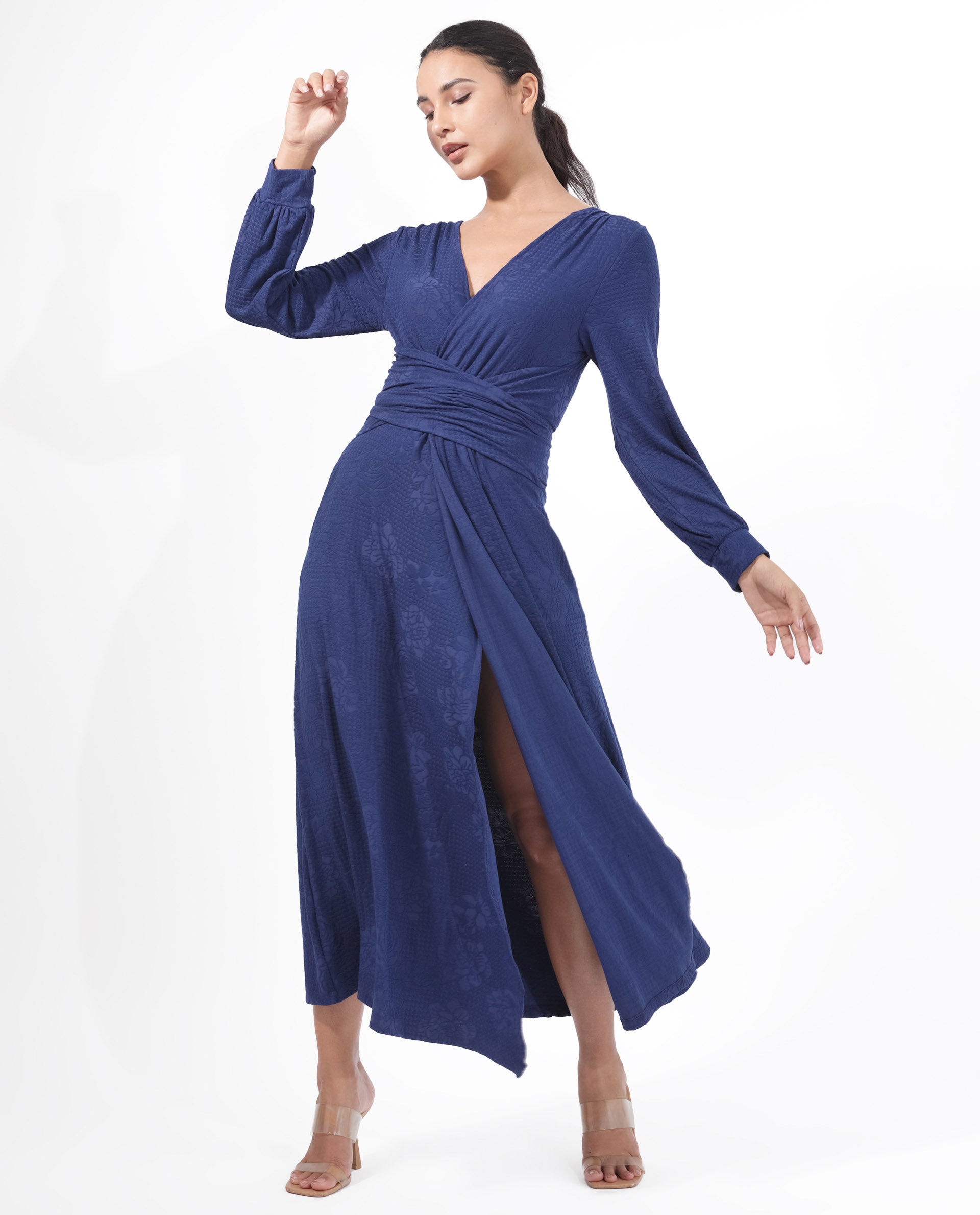 Rareism Women's Harpa Navy Polyester Fabric V-Neck Tie-Up Closure Bishop Sleeve Plain  Maxi Dress
