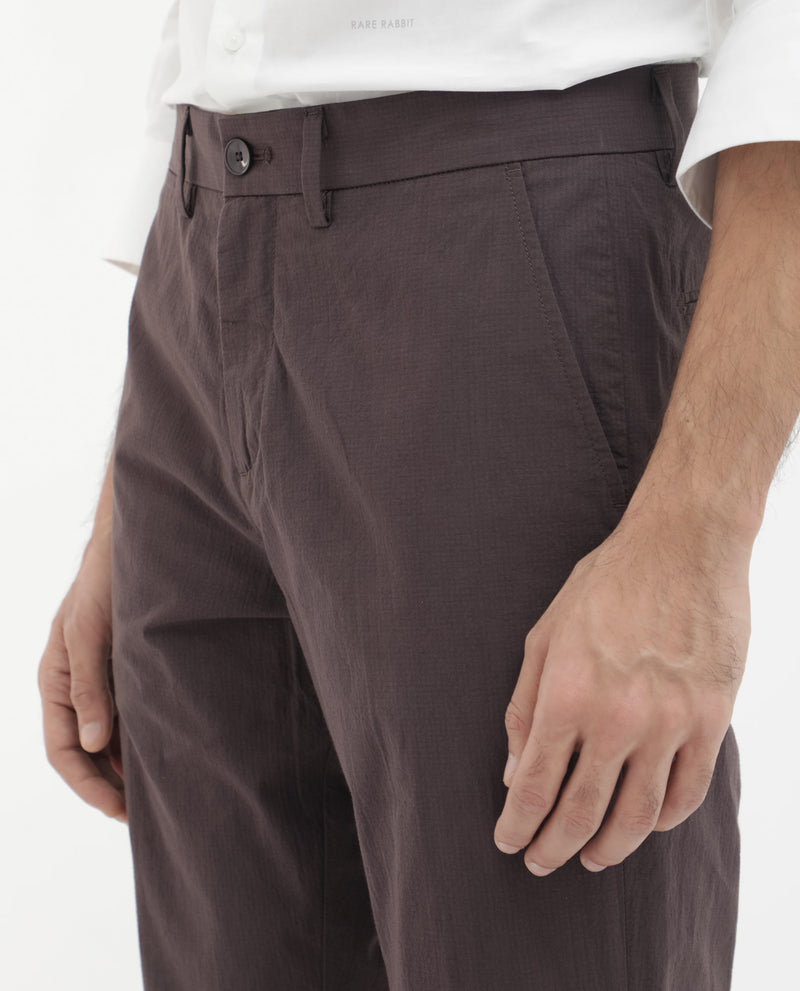 Rare Rabbit Mens Harlow Brown Cotton Fabric Regular Fit Mid Rise Seersucker Trousers