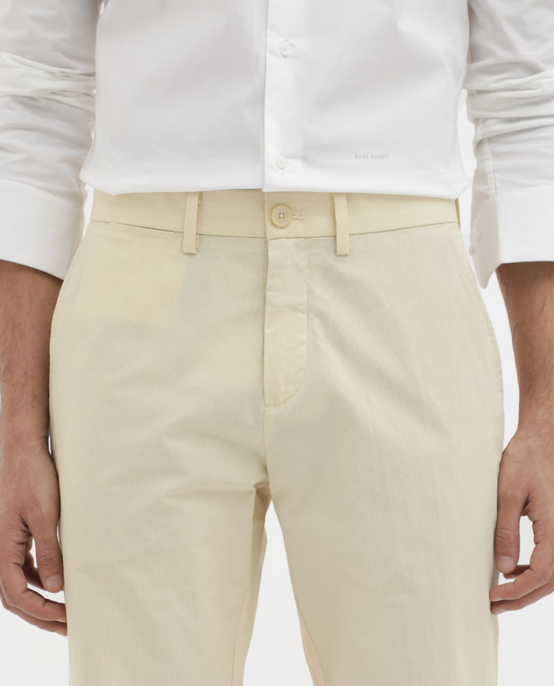 Rare Rabbit Mens Harlow Yellow Cotton Fabric Regular Fit Mid Rise Seersucker Trousers