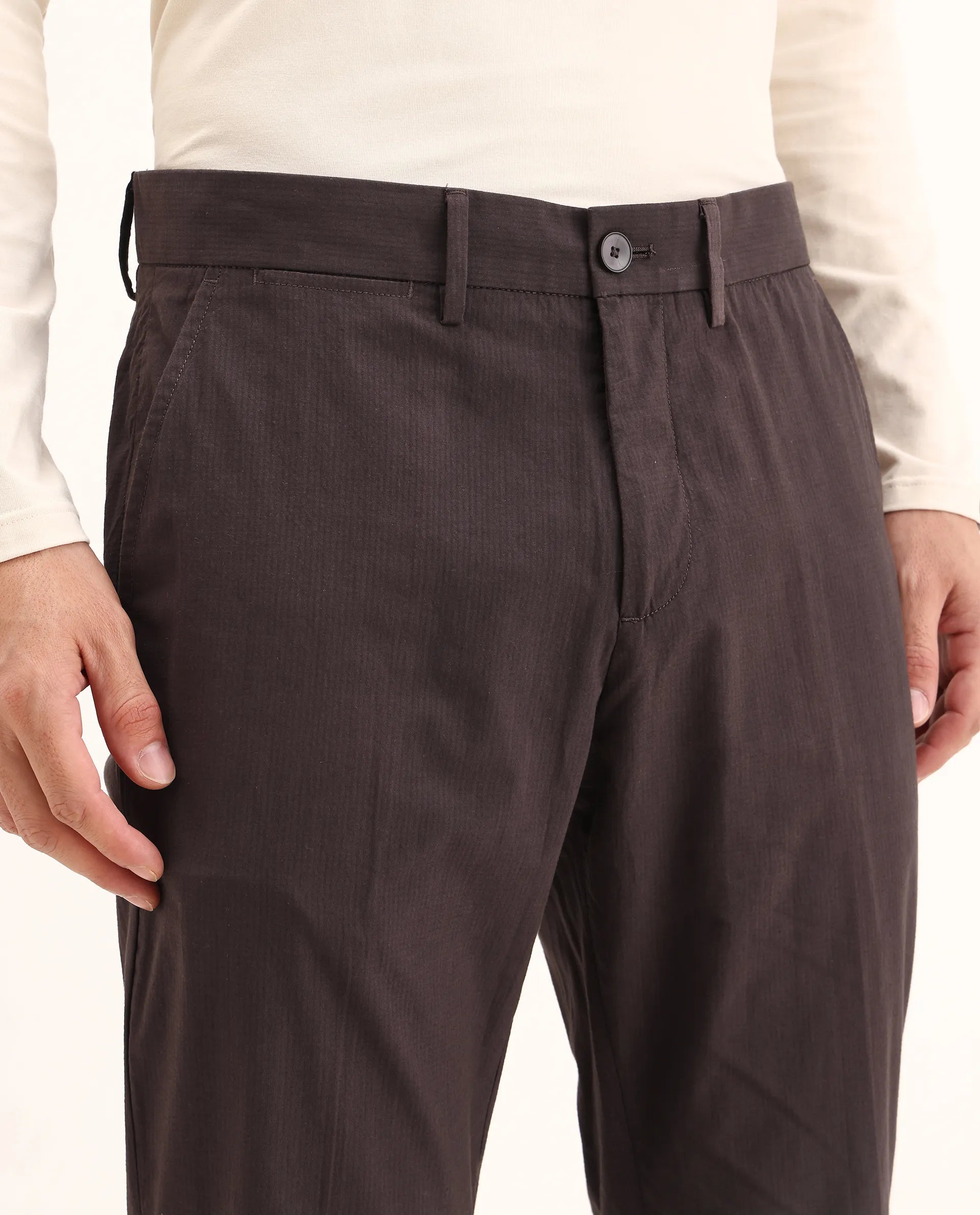 Rare Rabbit Men's Harlow Brown Cotton Plain Regular Fit Trouser