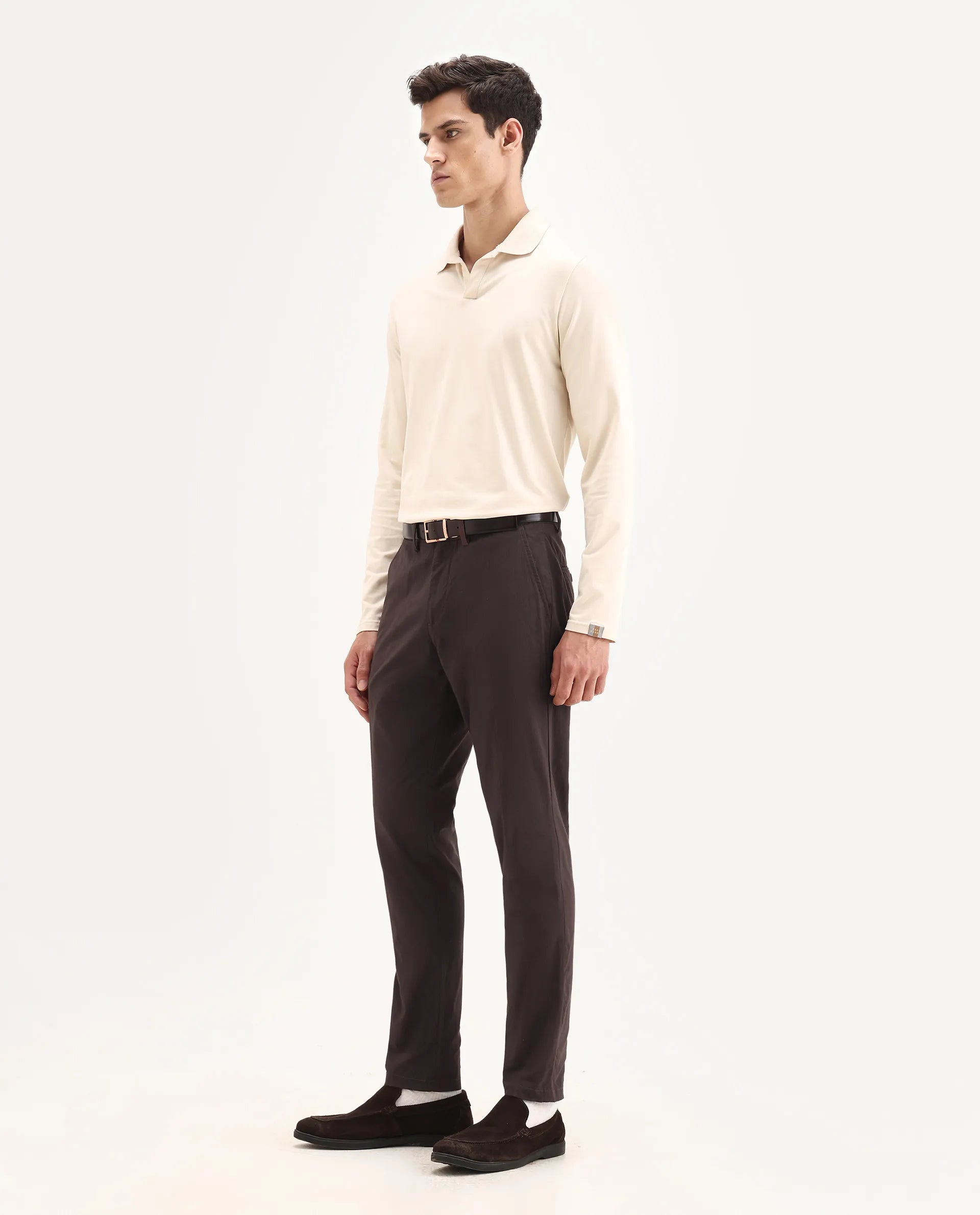 Rare Rabbit Men's Harlow Brown Cotton Plain Regular Fit Trouser