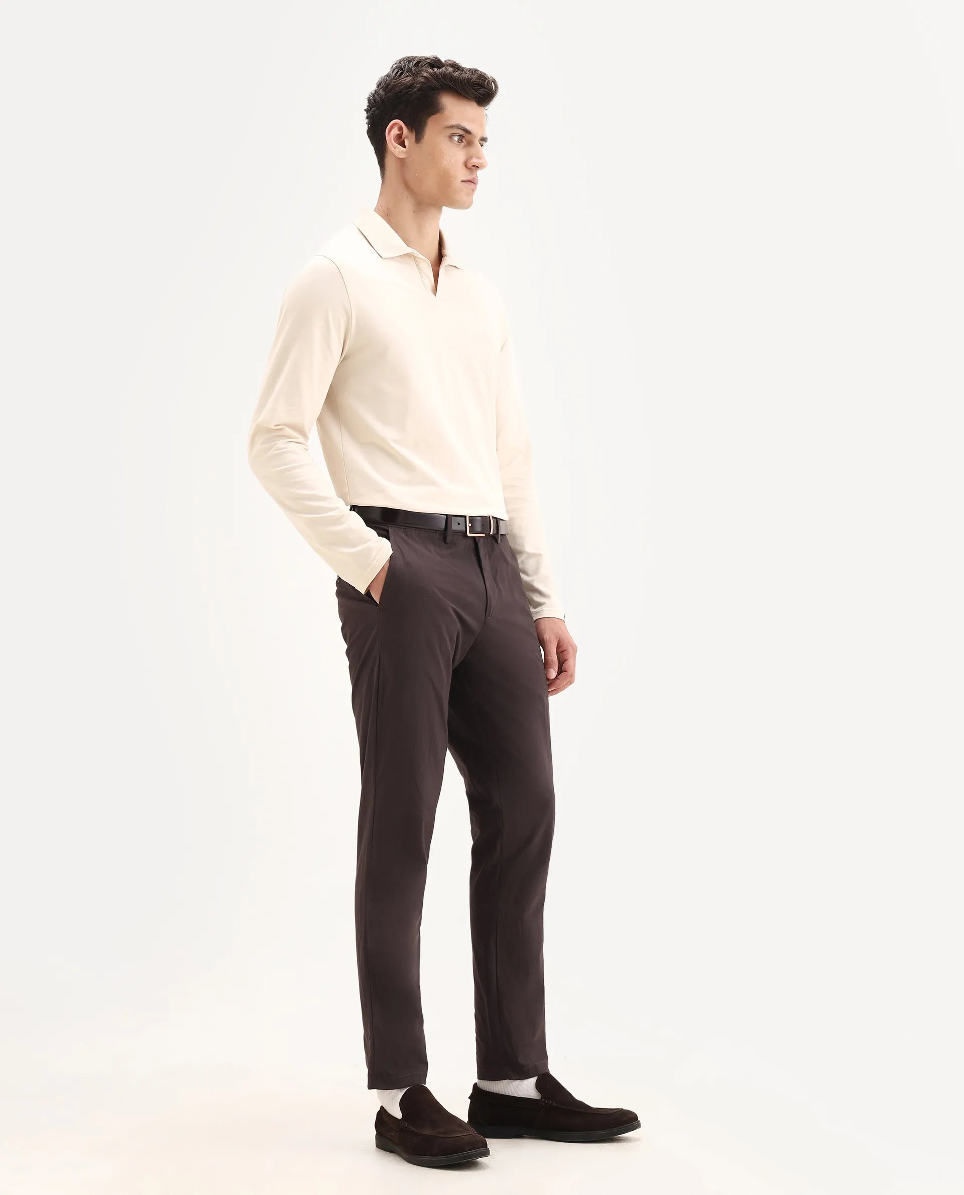 Rare Rabbit Men's Harlow Brown Cotton Plain Regular Fit Trouser