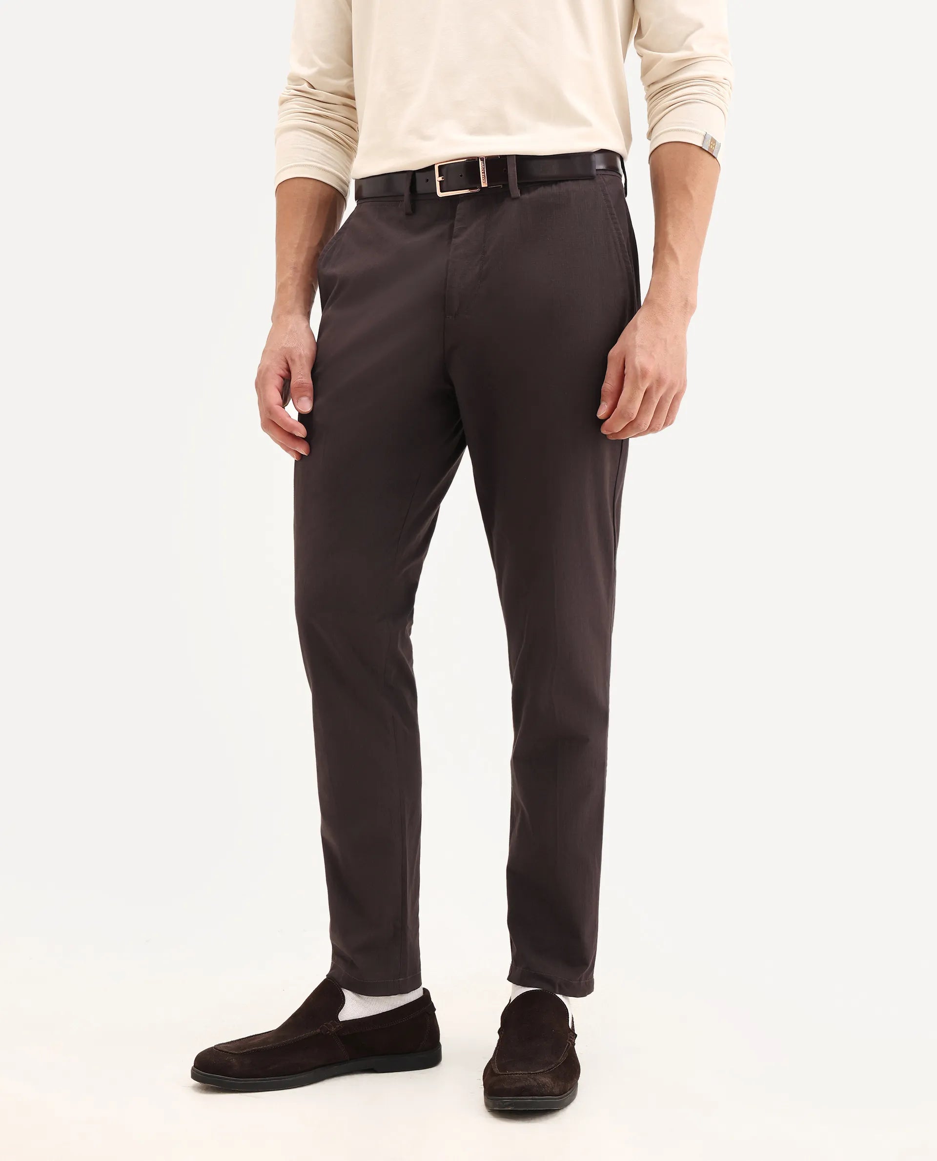 Rare Rabbit Men's Harlow Brown Cotton Plain Regular Fit Trouser