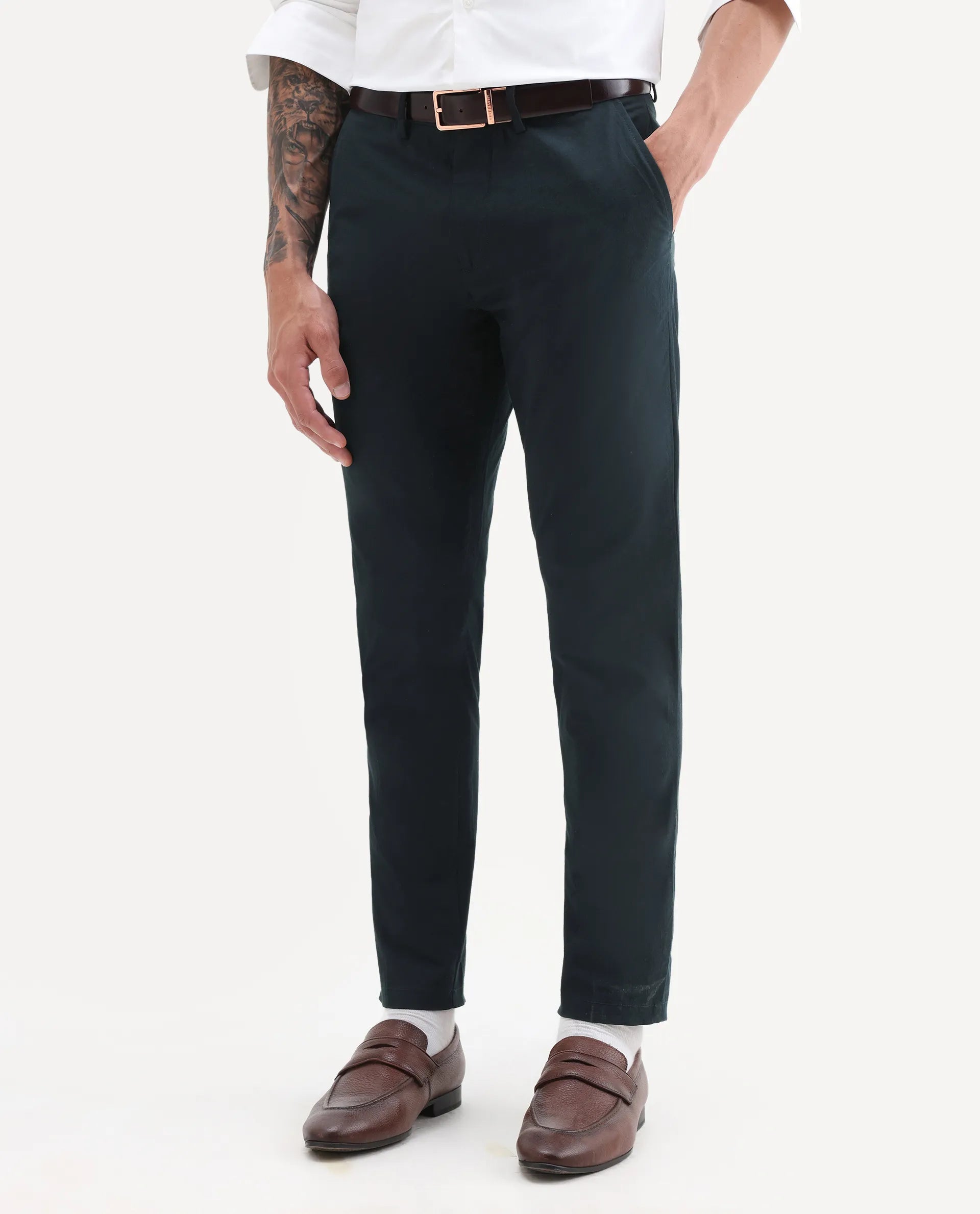 Rare Rabbit Men's Harlow Navy Cotton Plain Regular Fit Trouser