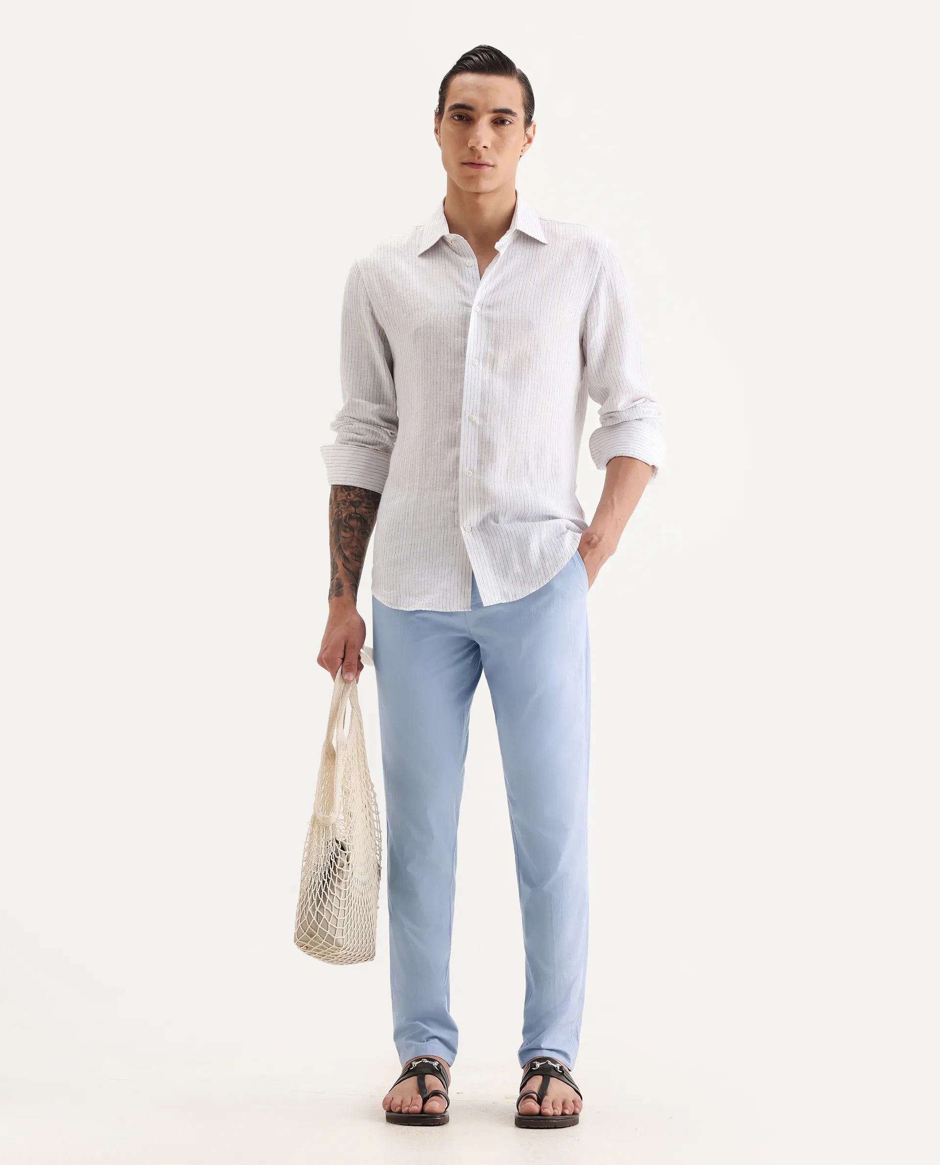 Rare Rabbit Men's Harlow Pastel Purple Cotton Plain Regular Fit Trouser