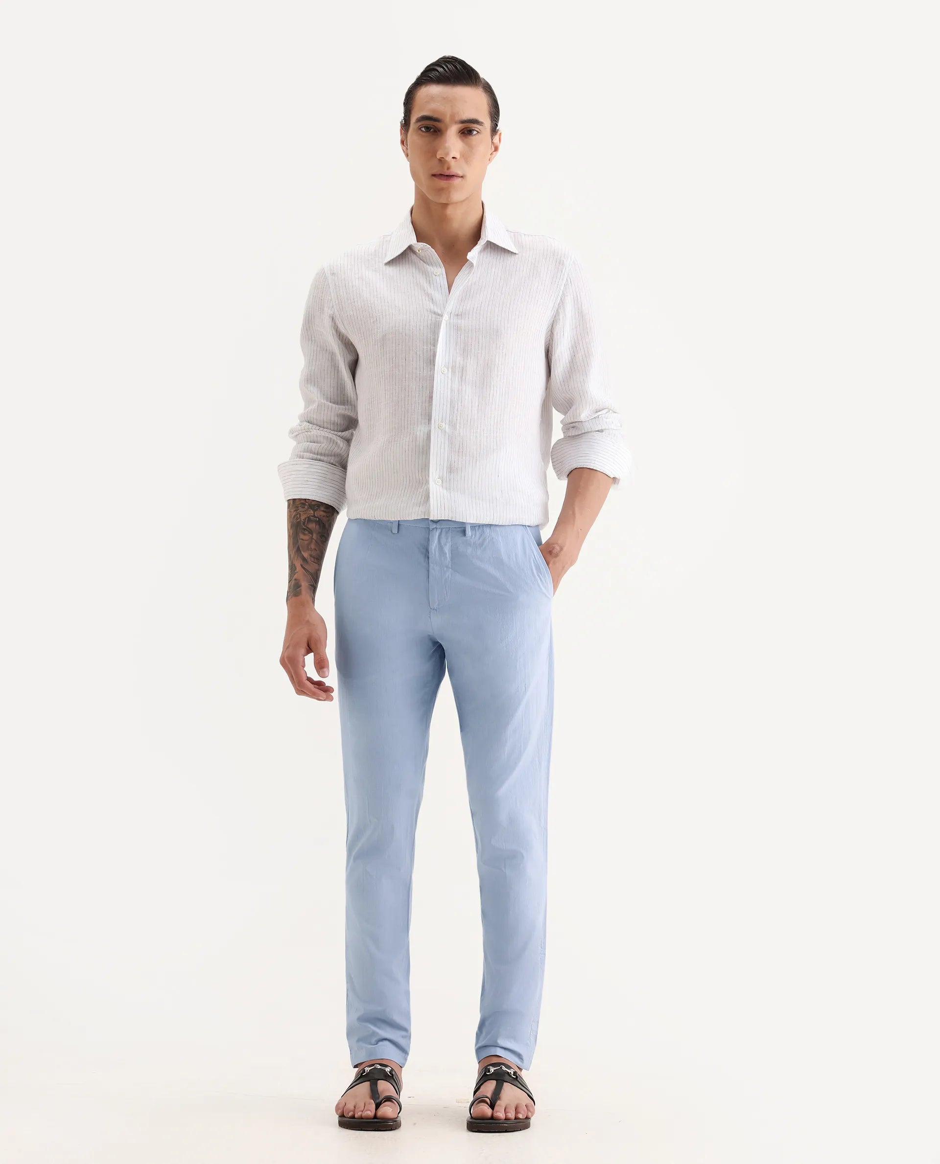 Rare Rabbit Men's Harlow Pastel Purple Cotton Plain Regular Fit Trouser