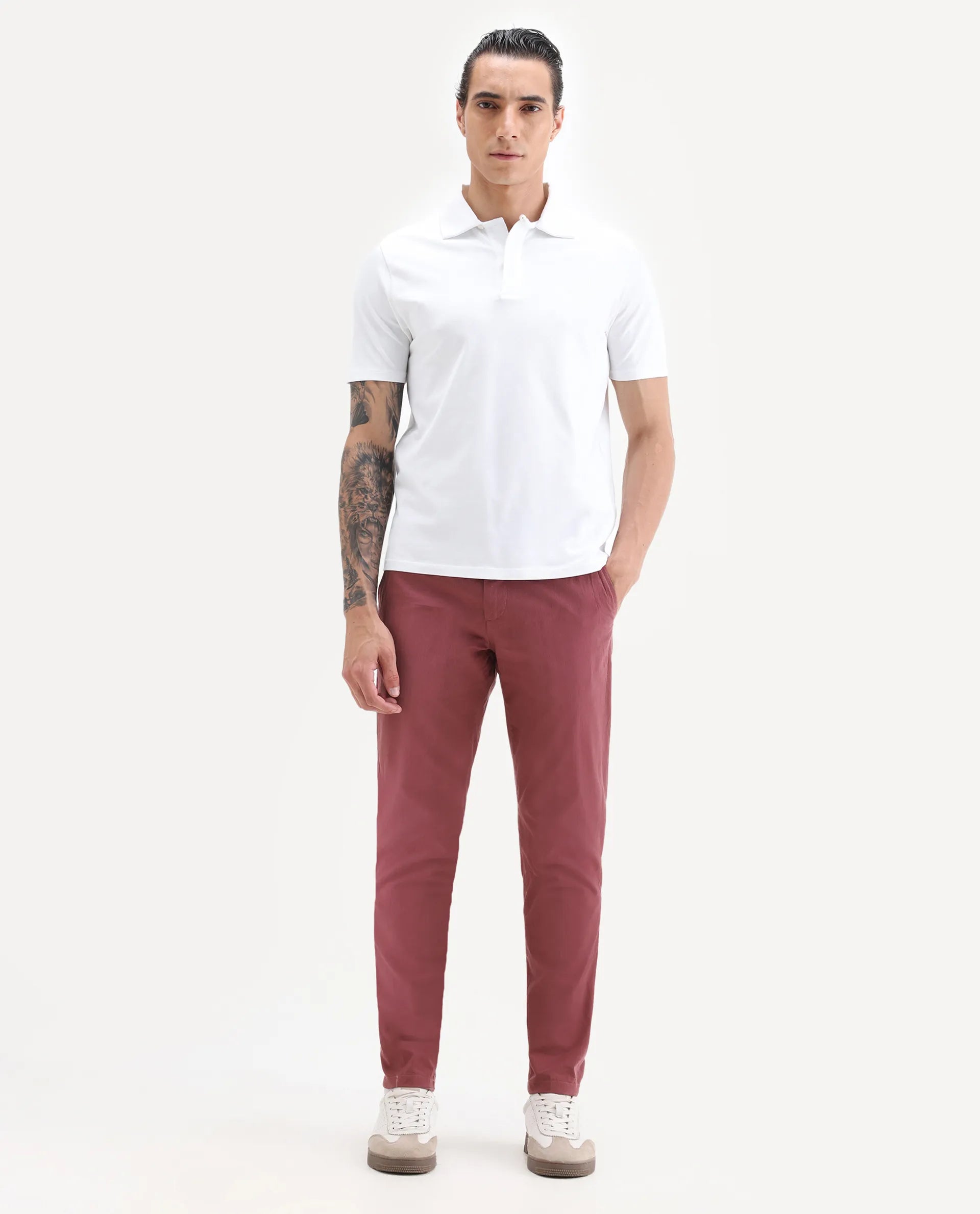 Rare Rabbit Men's Harlow Red Cotton Plain Regular Fit Trouser