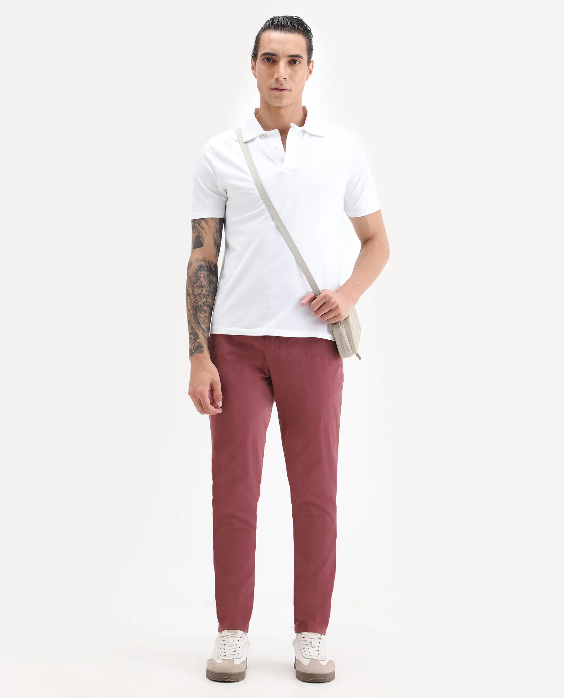 Rare Rabbit Men's Harlow Red Cotton Plain Regular Fit Trouser