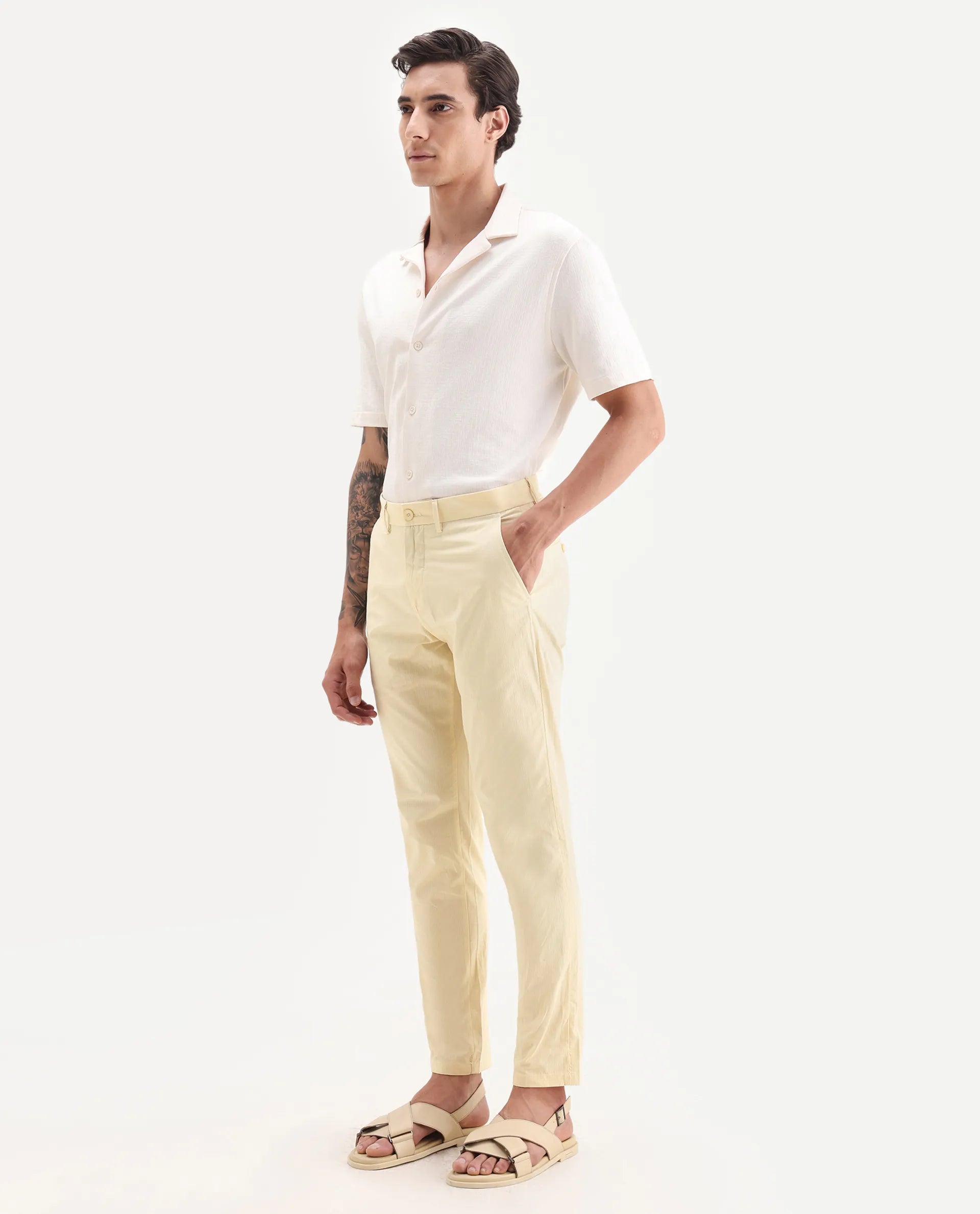 Rare Rabbit Men's Harlow Yellow Cotton Plain Regular Fit Trouser