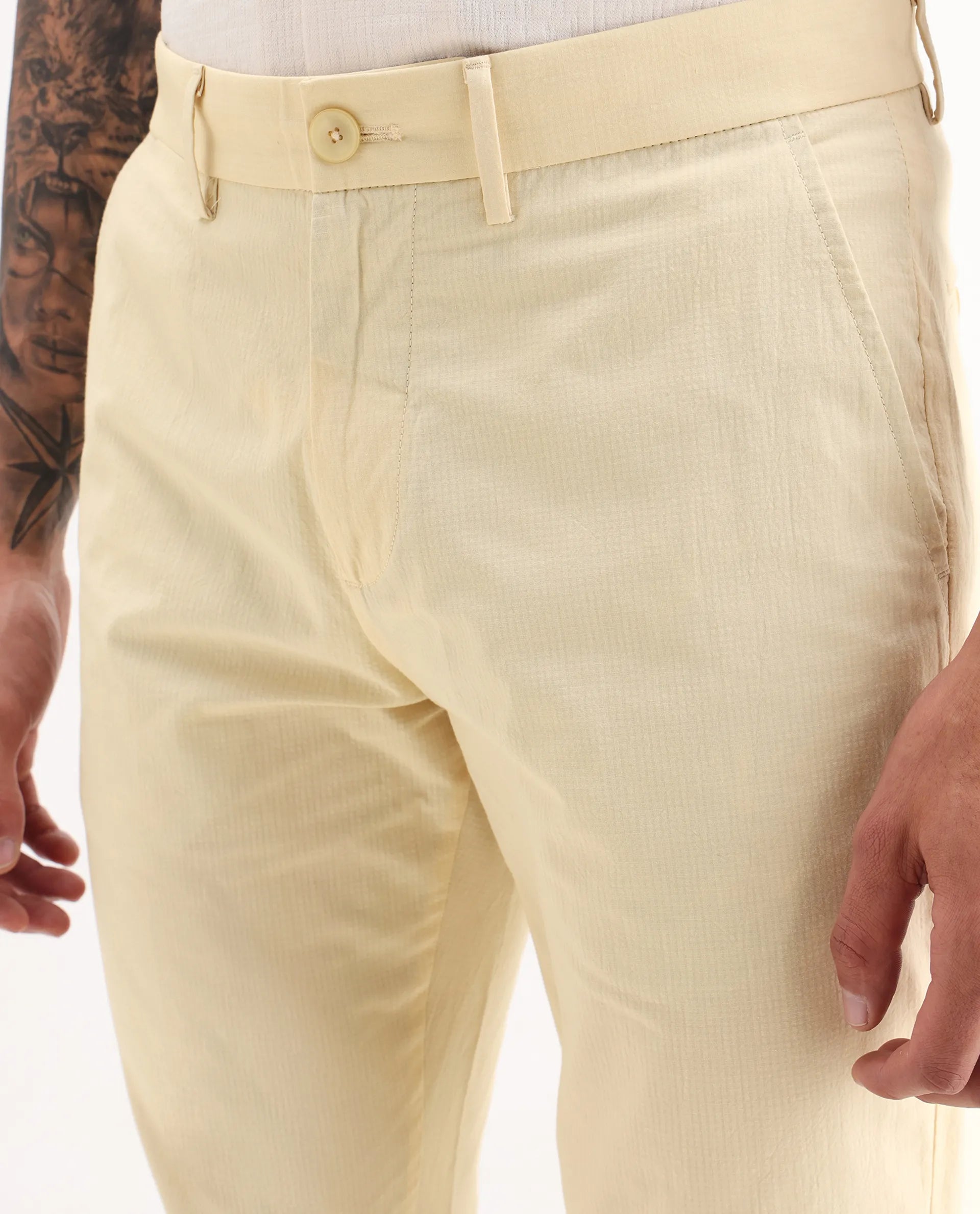 Rare Rabbit Men's Harlow Yellow Cotton Plain Regular Fit Trouser