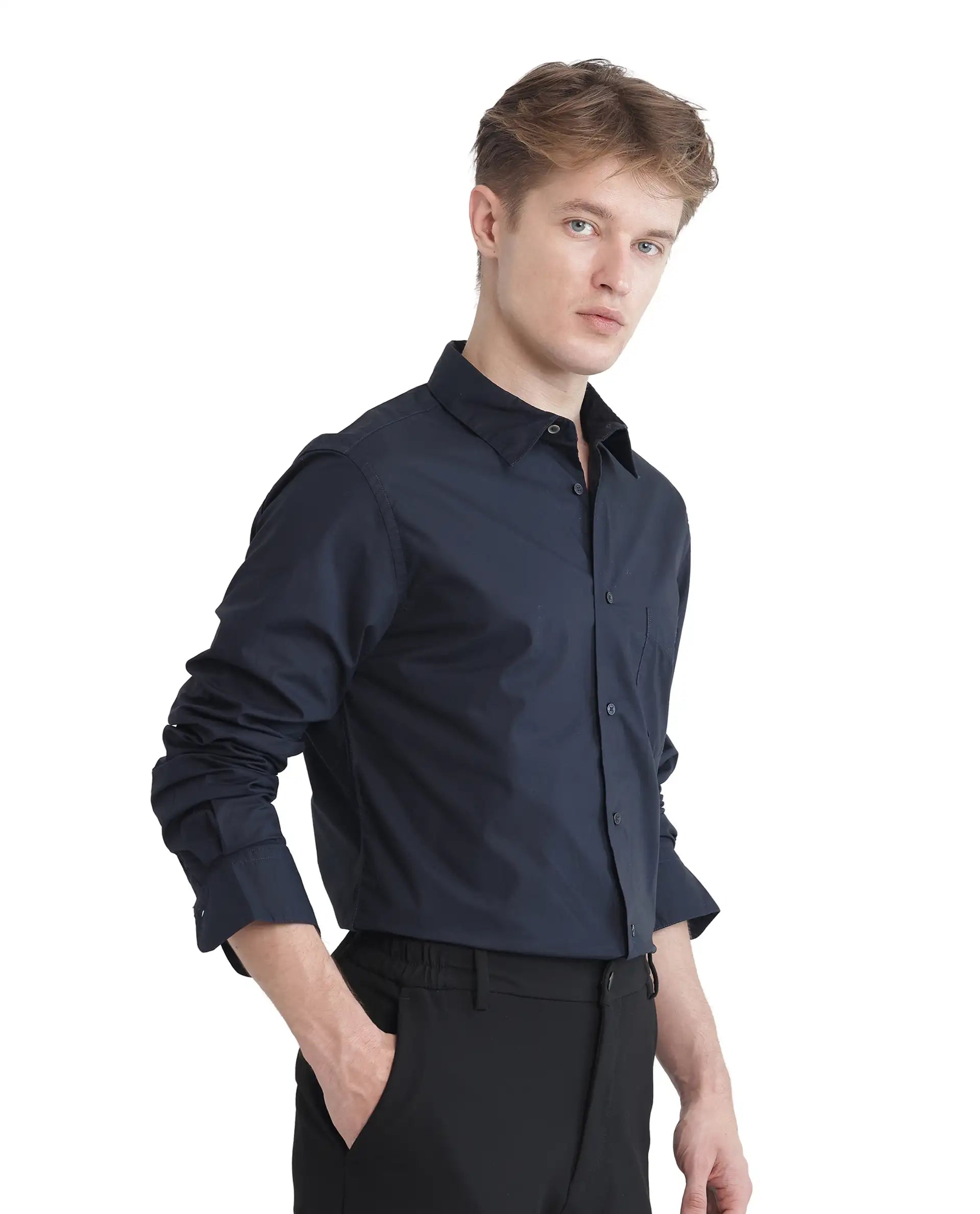 Rare Rabbit Men Harmin-25 Navy Cotton Fabric Short Sleeve Collared Neck Plain Shirt