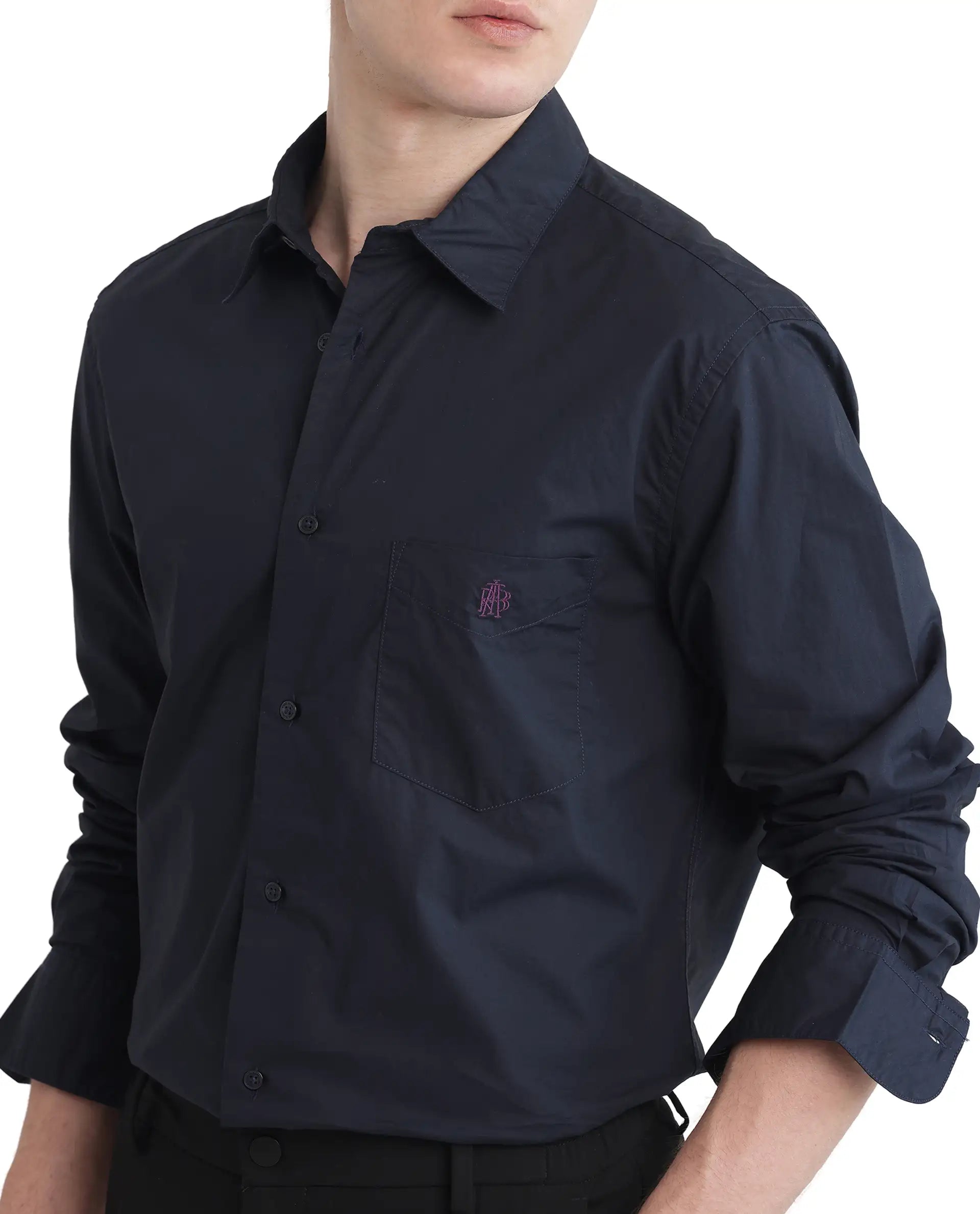 Rare Rabbit Men Harmin-25 Navy Cotton Fabric Short Sleeve Collared Neck Plain Shirt