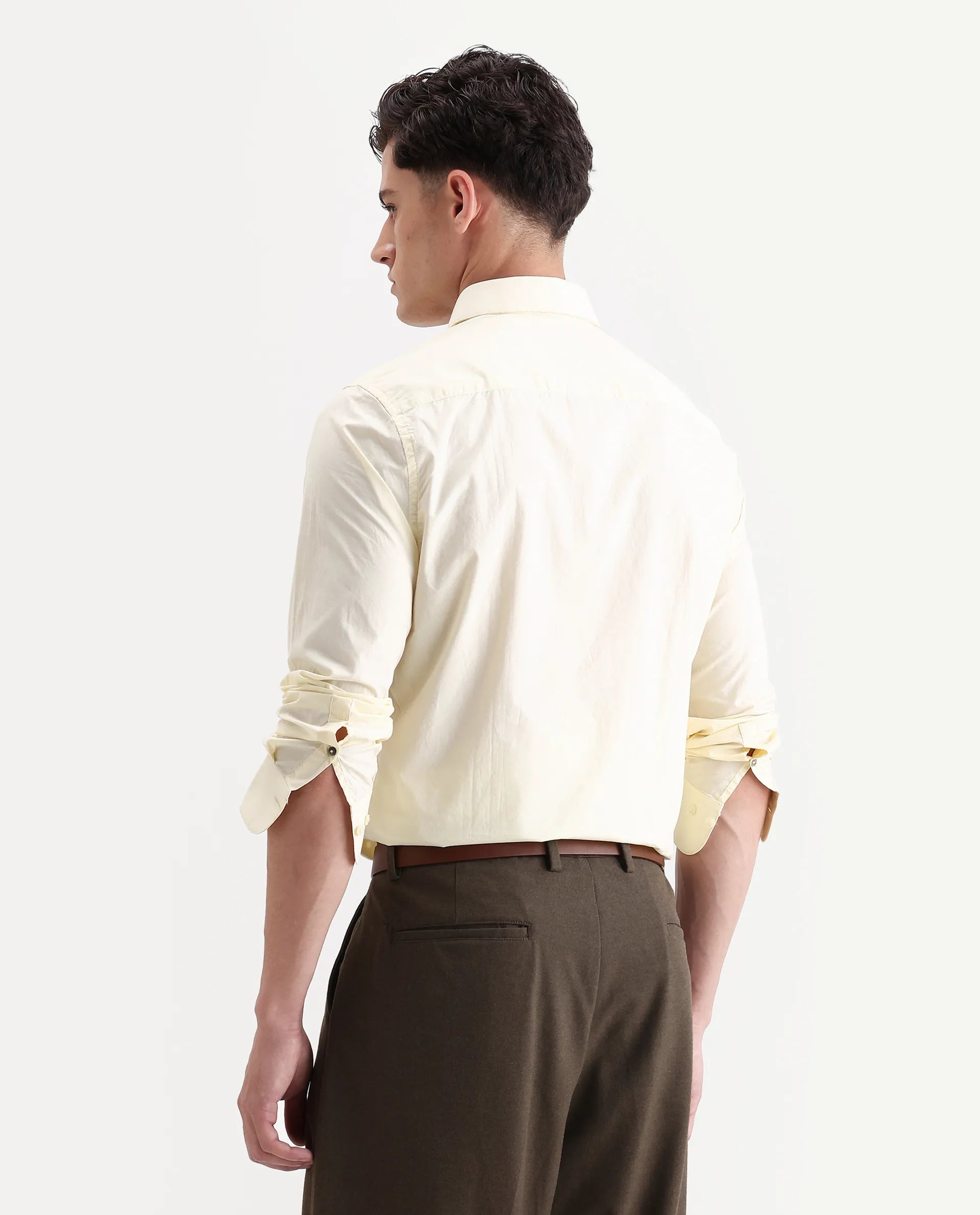 Rare Rabbit Men's Harmin Pastel Yellow Cotton Embroidered Regular Fit Full Sleeve Collared Shirt