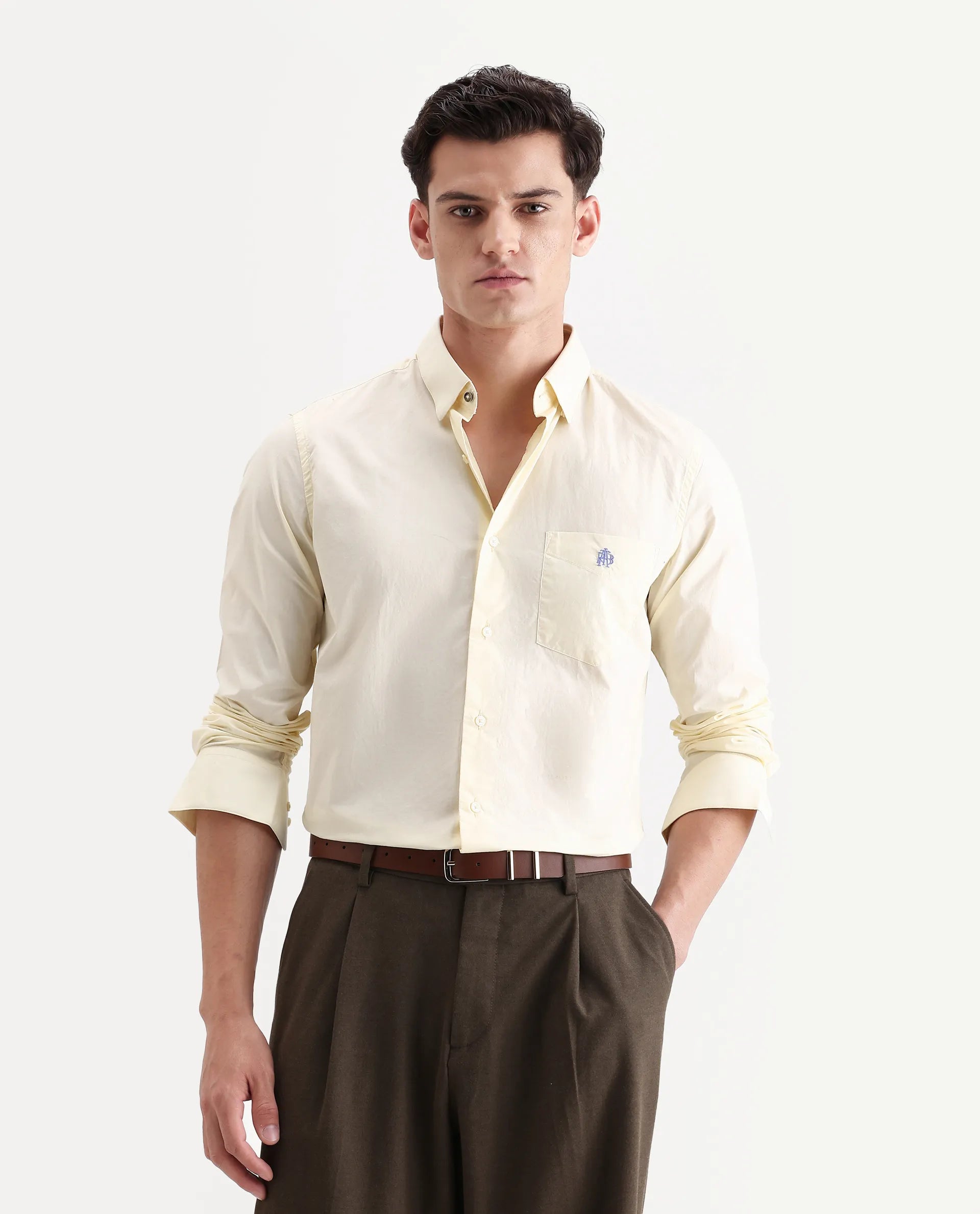 Rare Rabbit Men's Harmin Pastel Yellow Cotton Embroidered Regular Fit Full Sleeve Collared Shirt