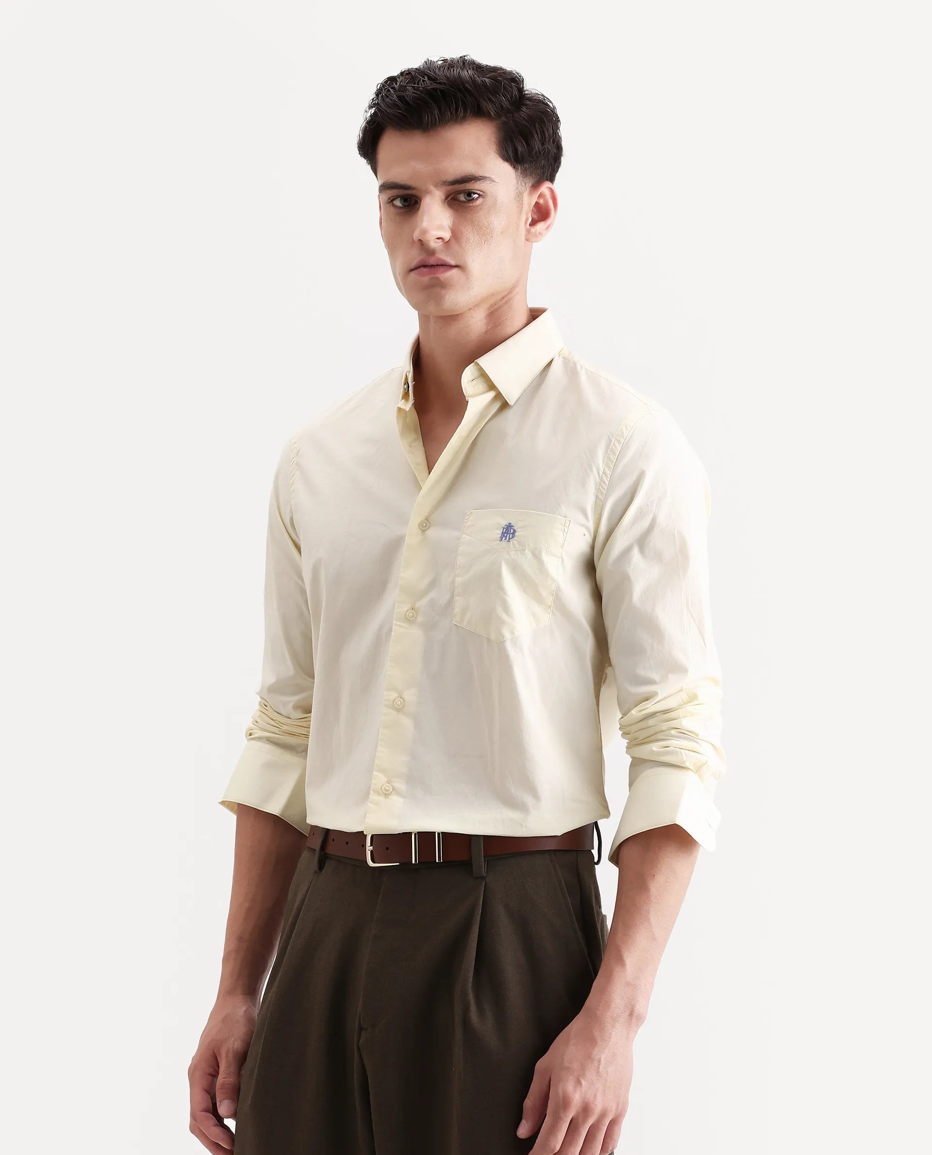 Rare Rabbit Men's Harmin Pastel Yellow Cotton Embroidered Regular Fit Full Sleeve Collared Shirt