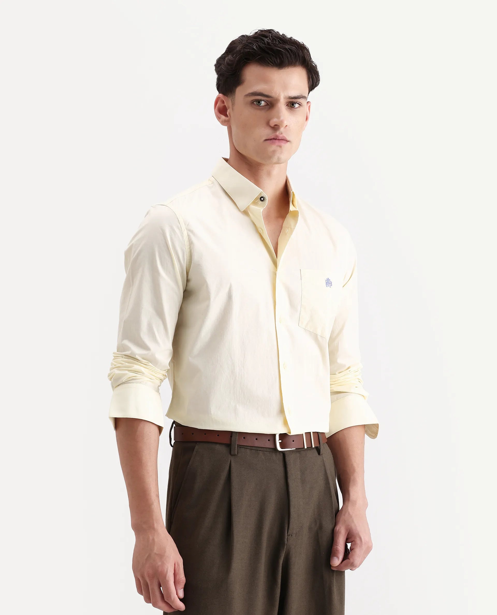 Rare Rabbit Men's Harmin Pastel Yellow Cotton Embroidered Regular Fit Full Sleeve Collared Shirt